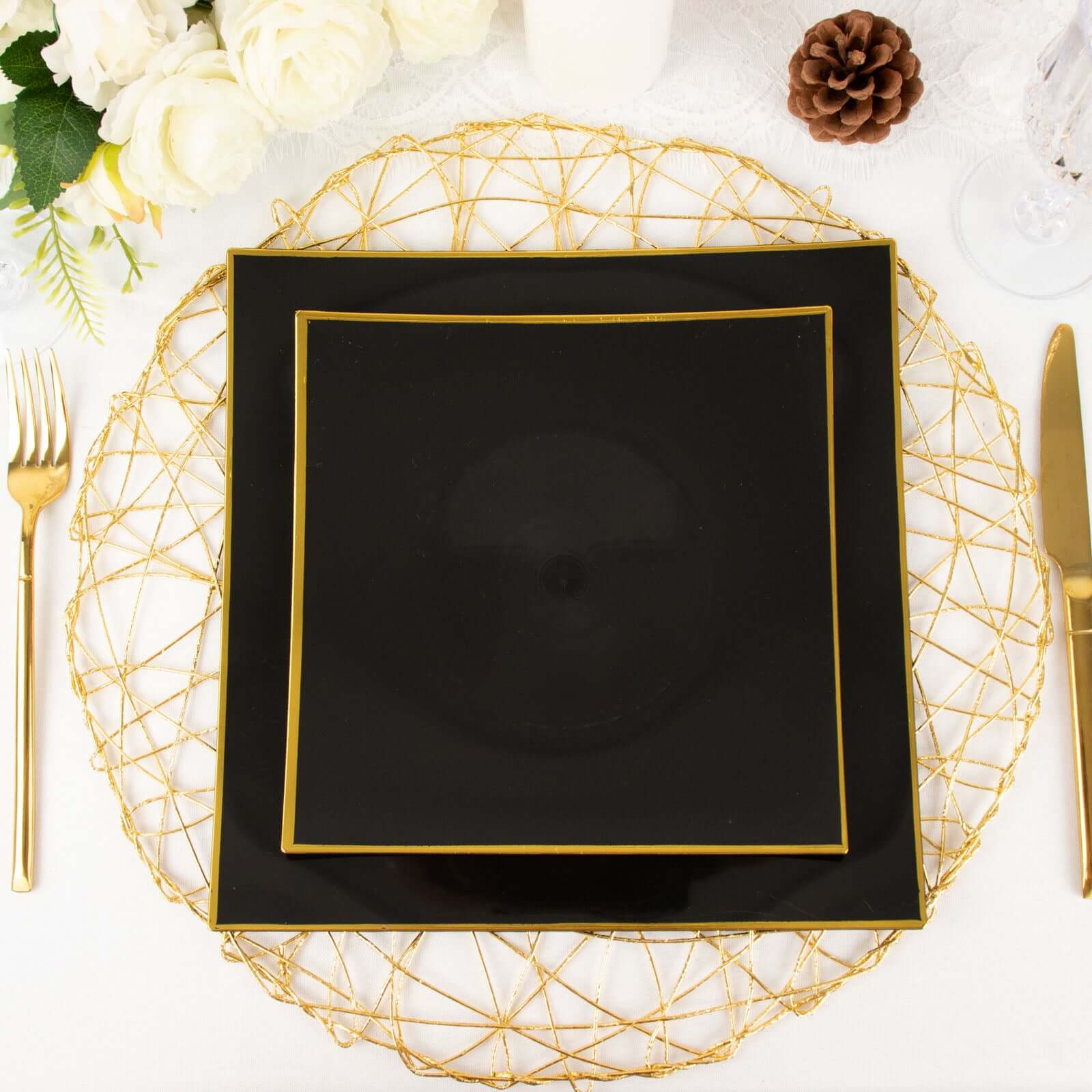 10-Pack Plastic 8" Square Dessert Plates in Black Concave Style with Gold Rim - Modern Disposable Salad Appetizer Party Plates