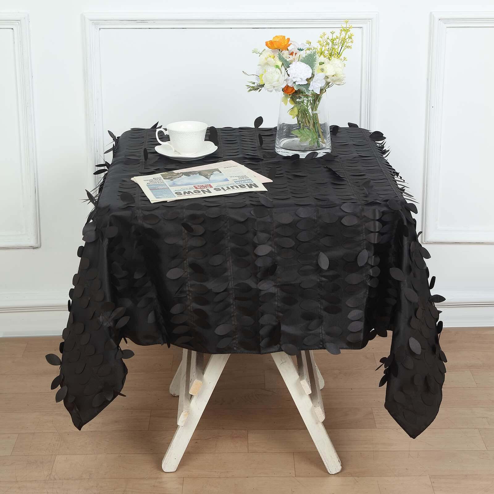 Taffeta 54"x54" Square Tablecloth Black 3D Leaf Petal Table Cover