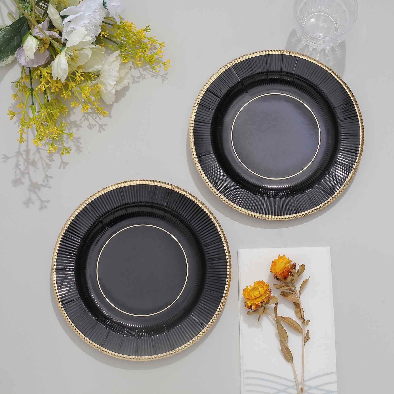 25-Pack Paper 8" Round Dessert Plates in Black Sunray Design with Gold Rim - Disposable Heavy Duty 350GSM Appetizer Salad Plates