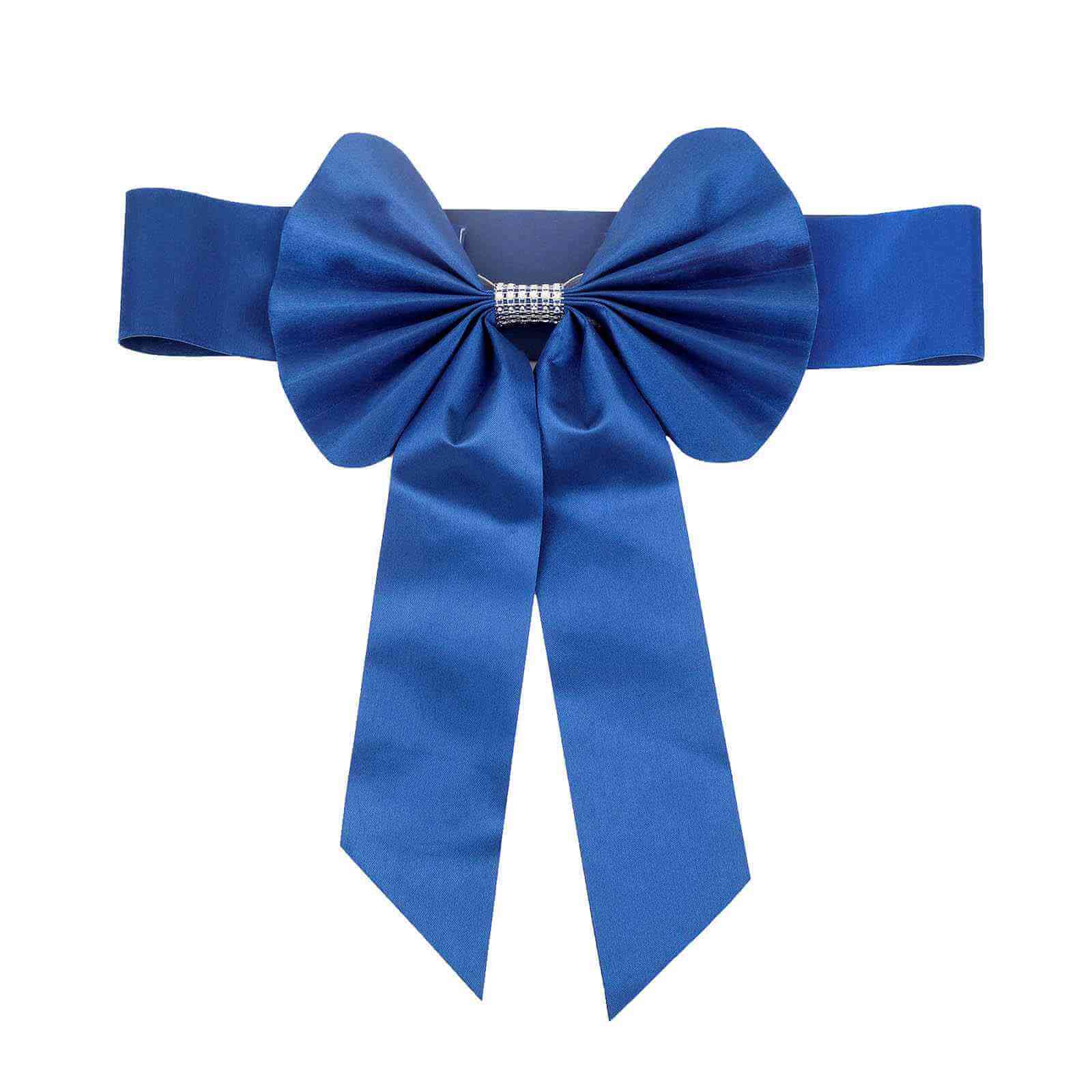 5 Pack Satin Faux Leather Chair Sashes Royal Blue - Durable Double Sided Pre-tied Bow Tie Chair Bands with Diamond Rhinestone Buckles