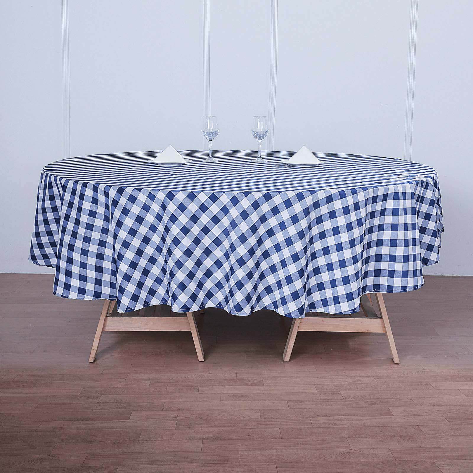 Polyester 108" Round Tablecloth White/Navy Blue - Checkered Buffalo Plaid Table Cover