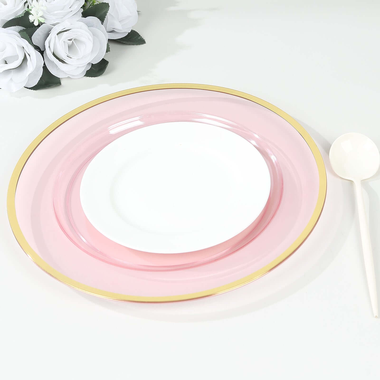 10-Pack Economy Plastic Round Charger Plates 12" in Transparent Blush with Wide Gold Rim, Decorative Dinner Party Serving Plates