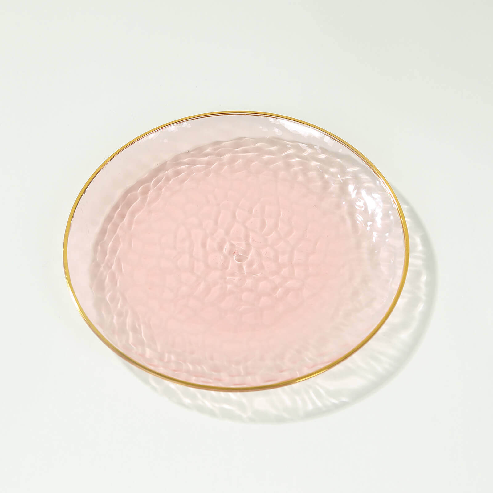 10-Pack Plastic 7" Round Dessert Appetizer Plates in Transparent Blush Hammered Design with Gold Rim - Modern Disposable Salad Plates