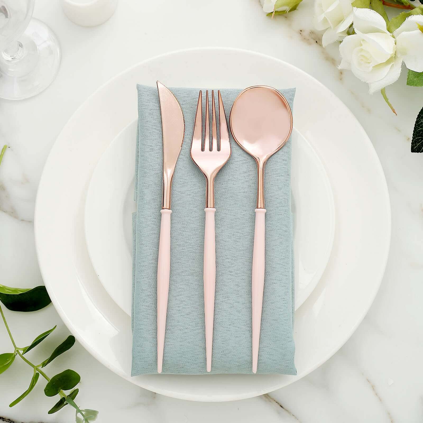24-Pack Plastic Flatware Set in Rose Gold with Blush Handle - Heavy Duty Disposable Modern Silverware 8"