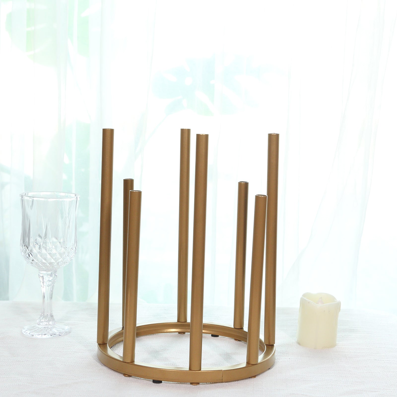 Flower Vase Gold Metal Minimalist 8-Tubes Round Base Design - Single Stem Bud Centerpiece for Arrangements 10"