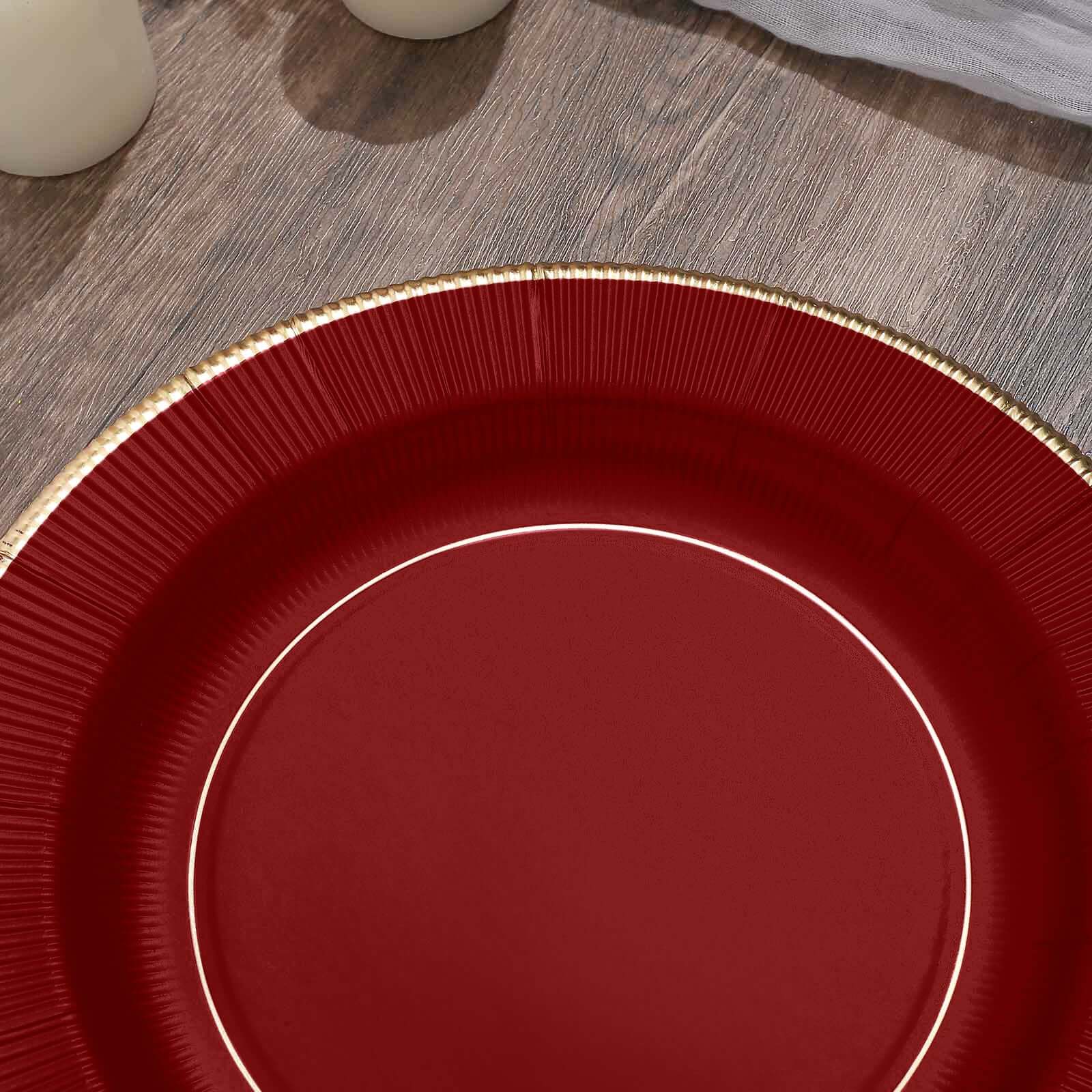 25-Pack Paper 10" Round Dinner Plates in Burgundy Sunray Design with Gold Rim - Disposable Heavy Duty 350GSM Party Plates