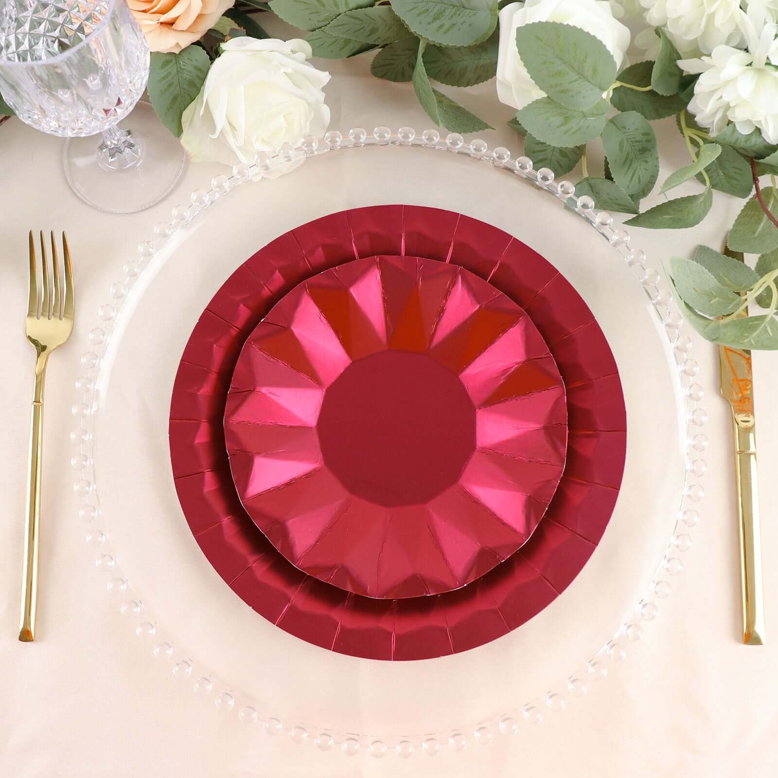 25-Pack Paper 7" Round Dessert Plates in Burgundy with Geometric Prism Rim - Disposable 400GSM Appetizer Salad Plates