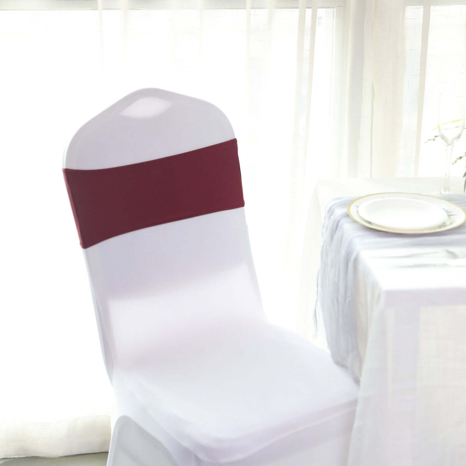 5 Pack Stretch Spandex Chair Sashes Burgundy - Reusable Chair Bands with Silver Diamond Ring Slide Buckle 5"x14"