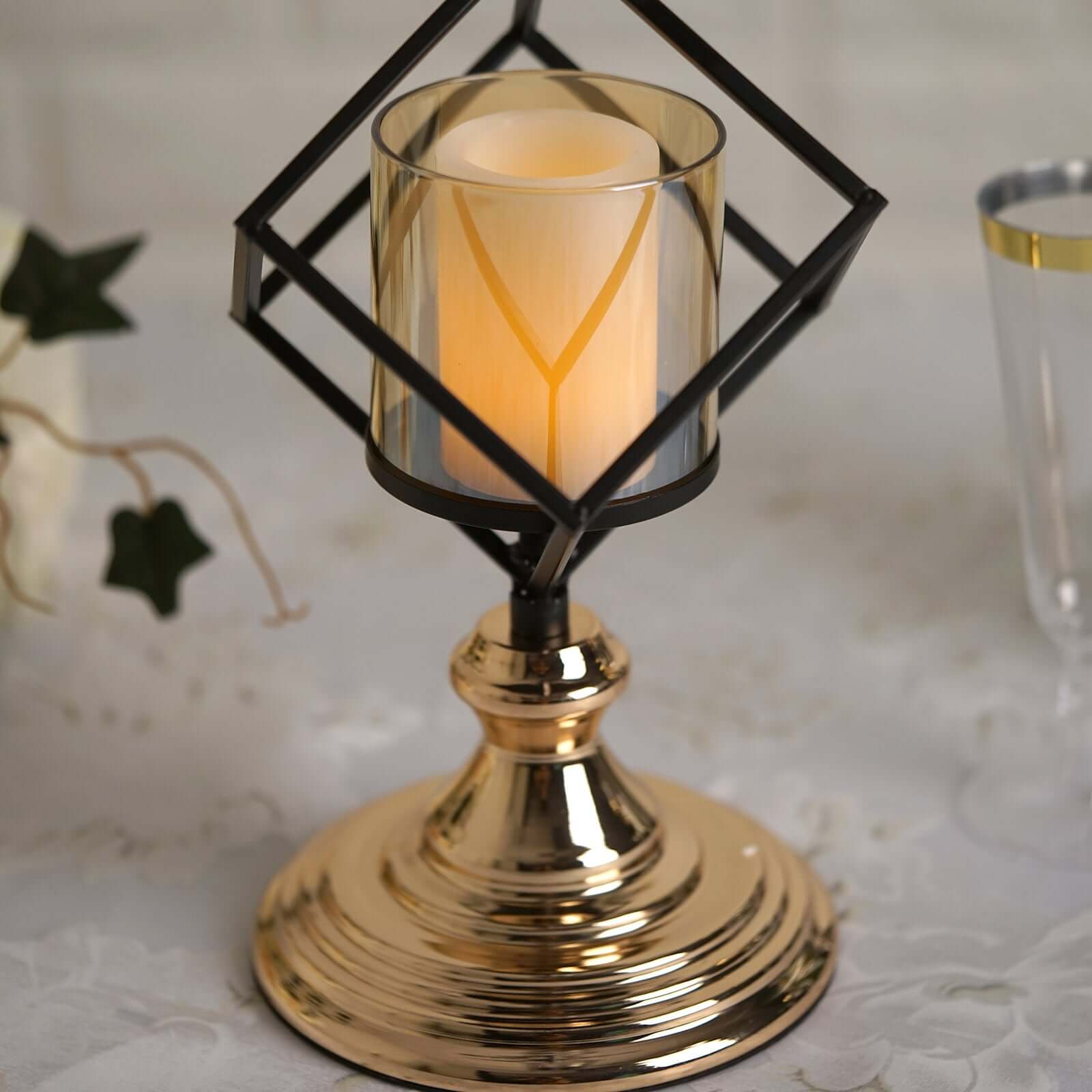 3-Tier Candle Holder Black Geometric Design with Amber Glass Votives & Gold Trim - Modern Decor for Weddings 28" Tall