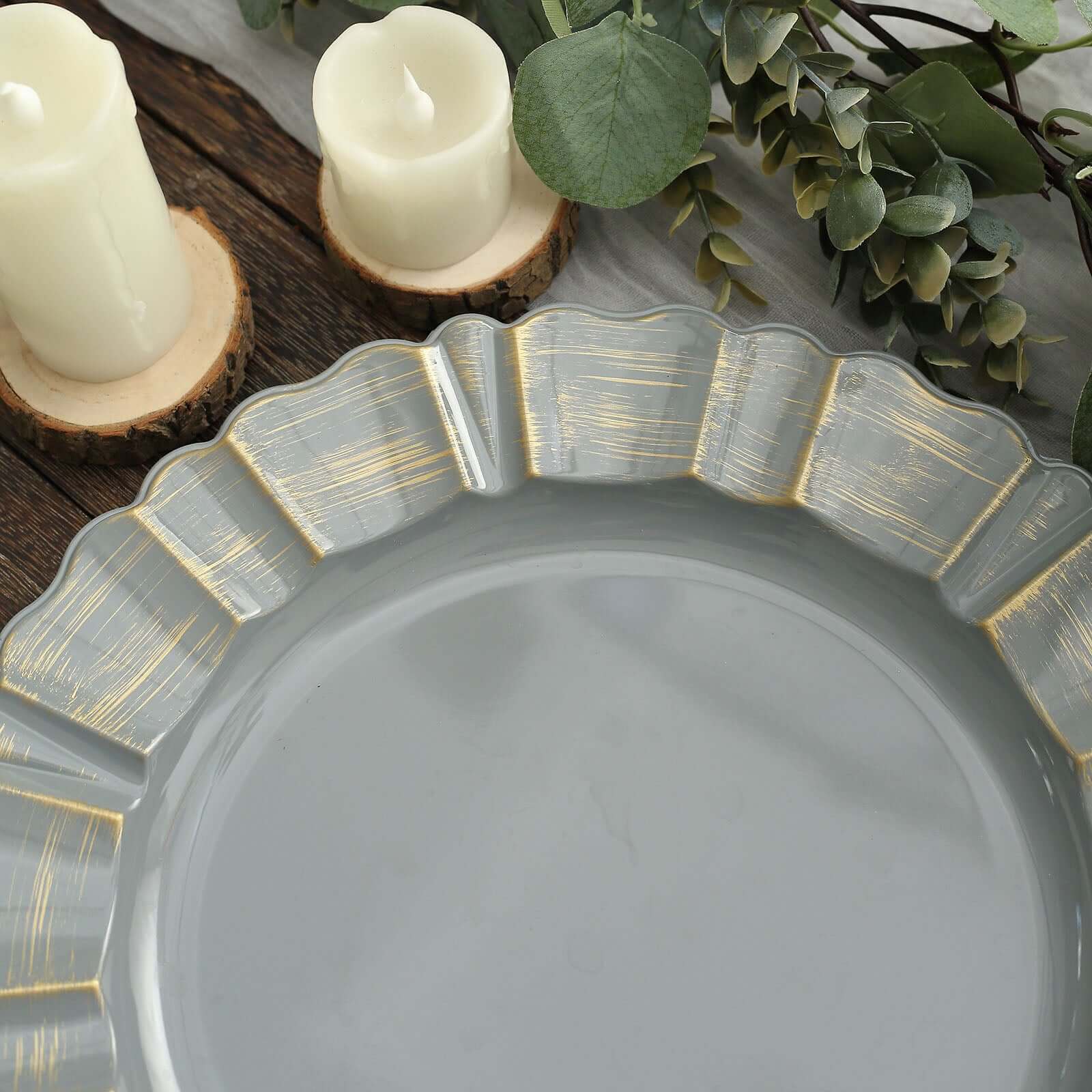 6-Pack Acrylic Plastic Round Charger Plates 13" in Charcoal Gray with Gold Brushed Wavy Scalloped Rim, Decorative Dinner Party Charger Tableware