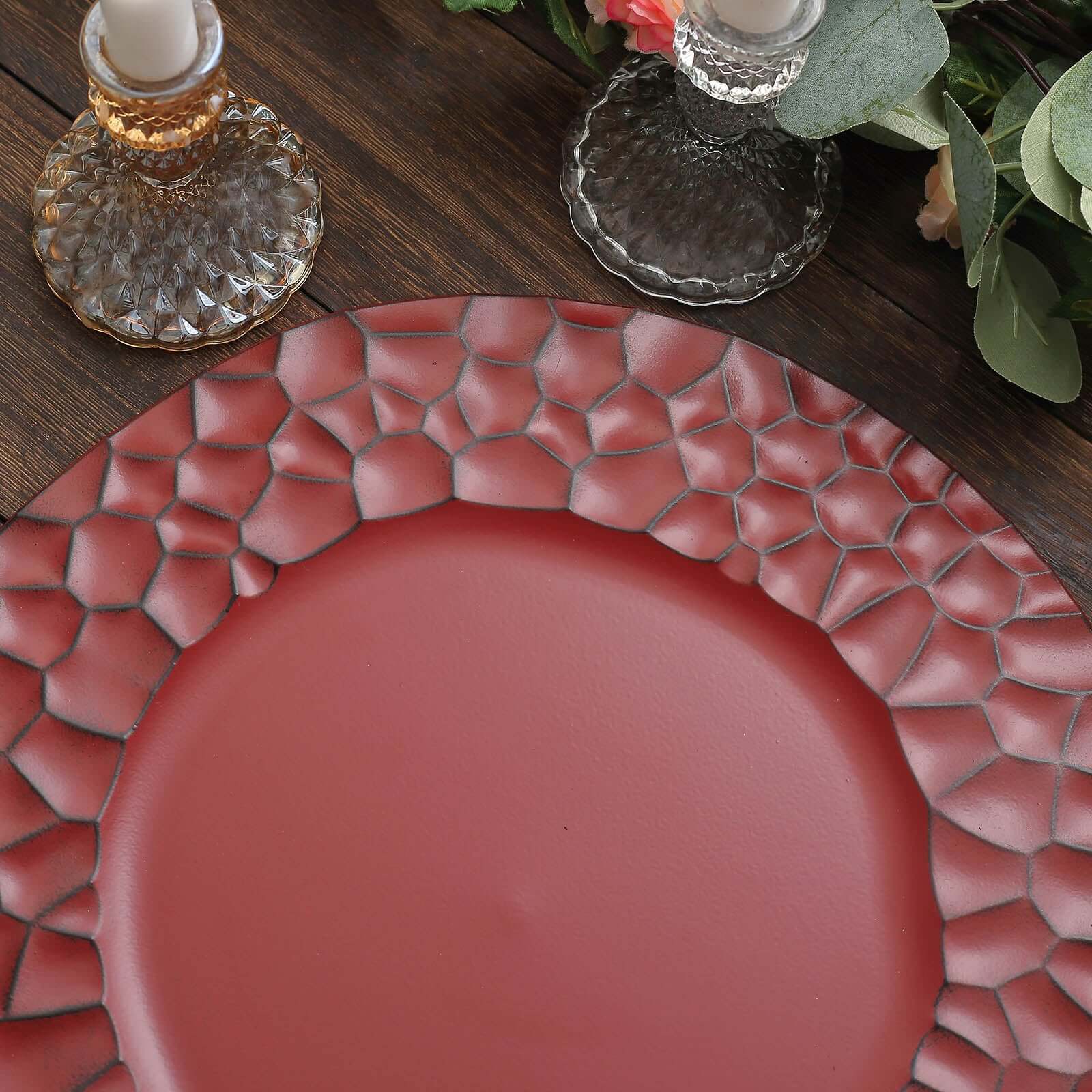 6-Pack Round Charger Plates 13" in Burgundy with Hammered Rim, Matte Finish Modern Dinner Charger Tableware