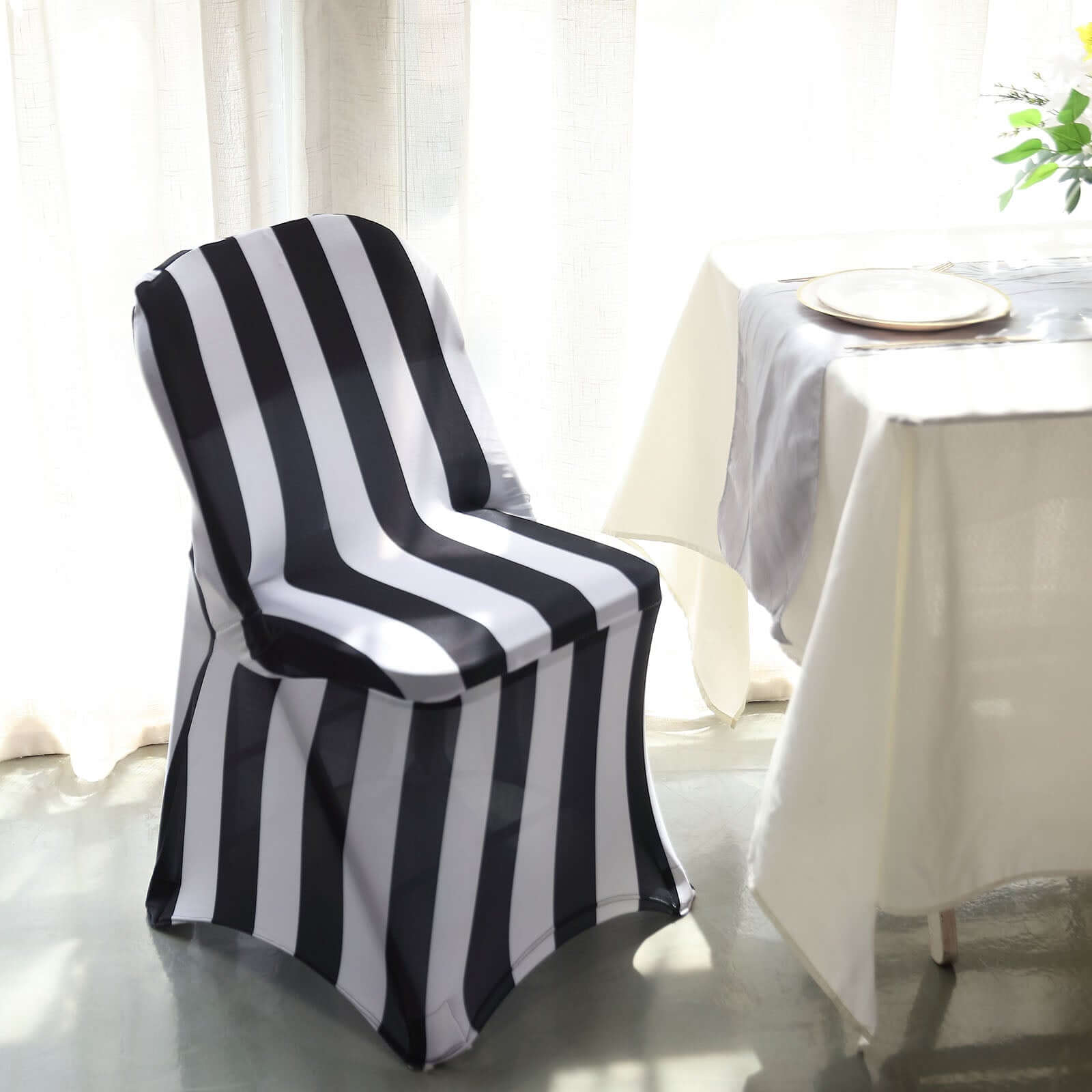Stretch Spandex Chair Cover Black/White for Folding Chairs - 2" Striped Wrinkle Resistant Classy 160GSM Fitted Slipcover With Foot Pockets