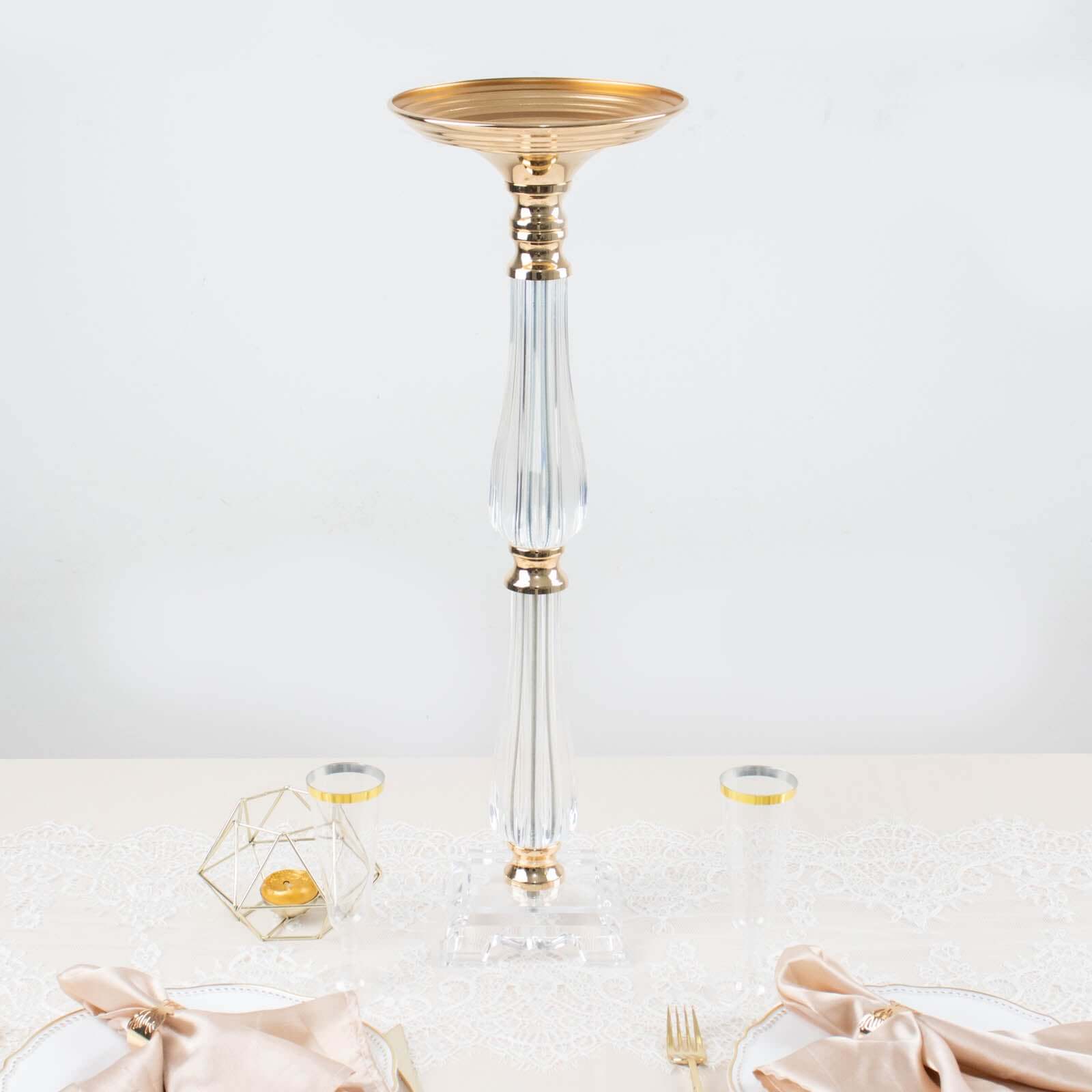 Acrylic Crystal Pillar Candle Stand Gold/Clear - Table Centerpiece and Wedding Flower Bowl Pedestal 24"