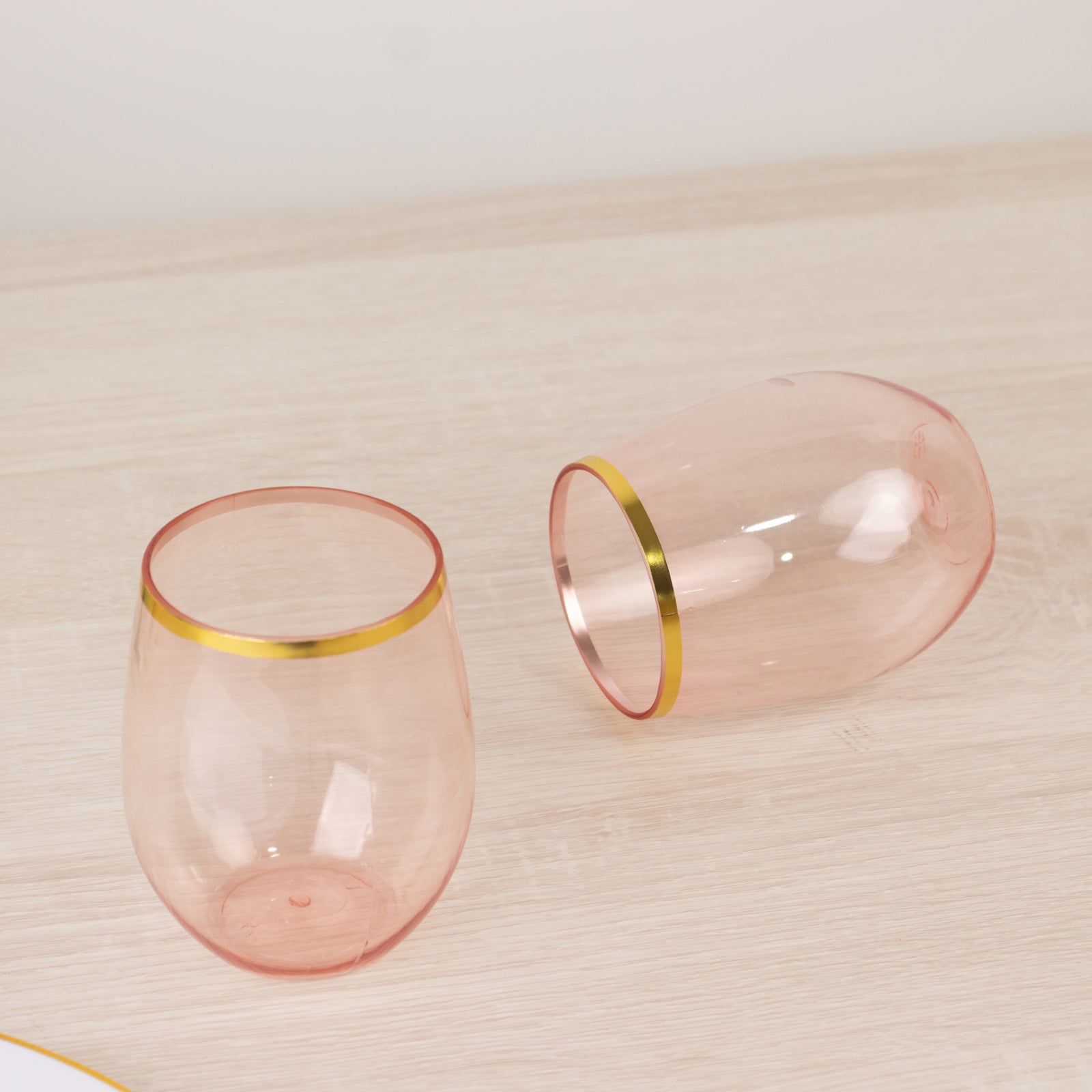 12-Pack Plastic Wine Tumblers Transparent Blush with Gold Rim - Reusable Drinkware 12oz