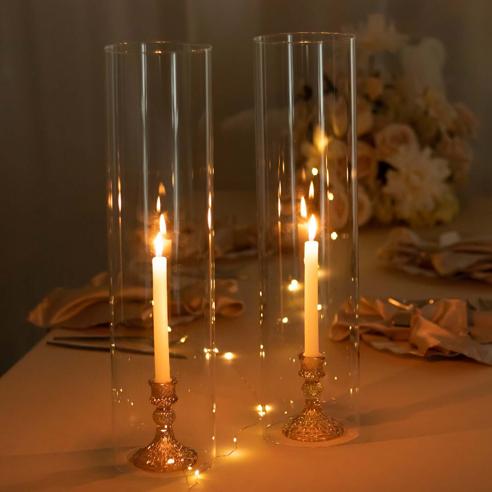 2-Pack Clear Glass Candelabra Shades Open End Hurricane Design - Stylish Table Centerpiece 20"