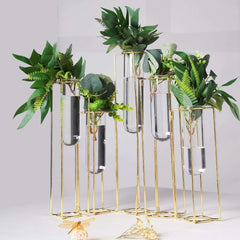 Set of 5 Wedding Centerpieces Gold Frame Conjoined Geometric Design - Test Tube Hydroponic Vases 12"