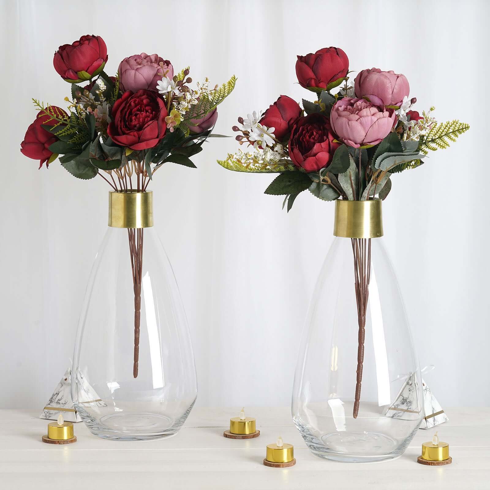 2-Pack Glass Flower Vases Teardrop Design Clear with Gold Metal Top - Stylish Event Table Centerpieces 14"