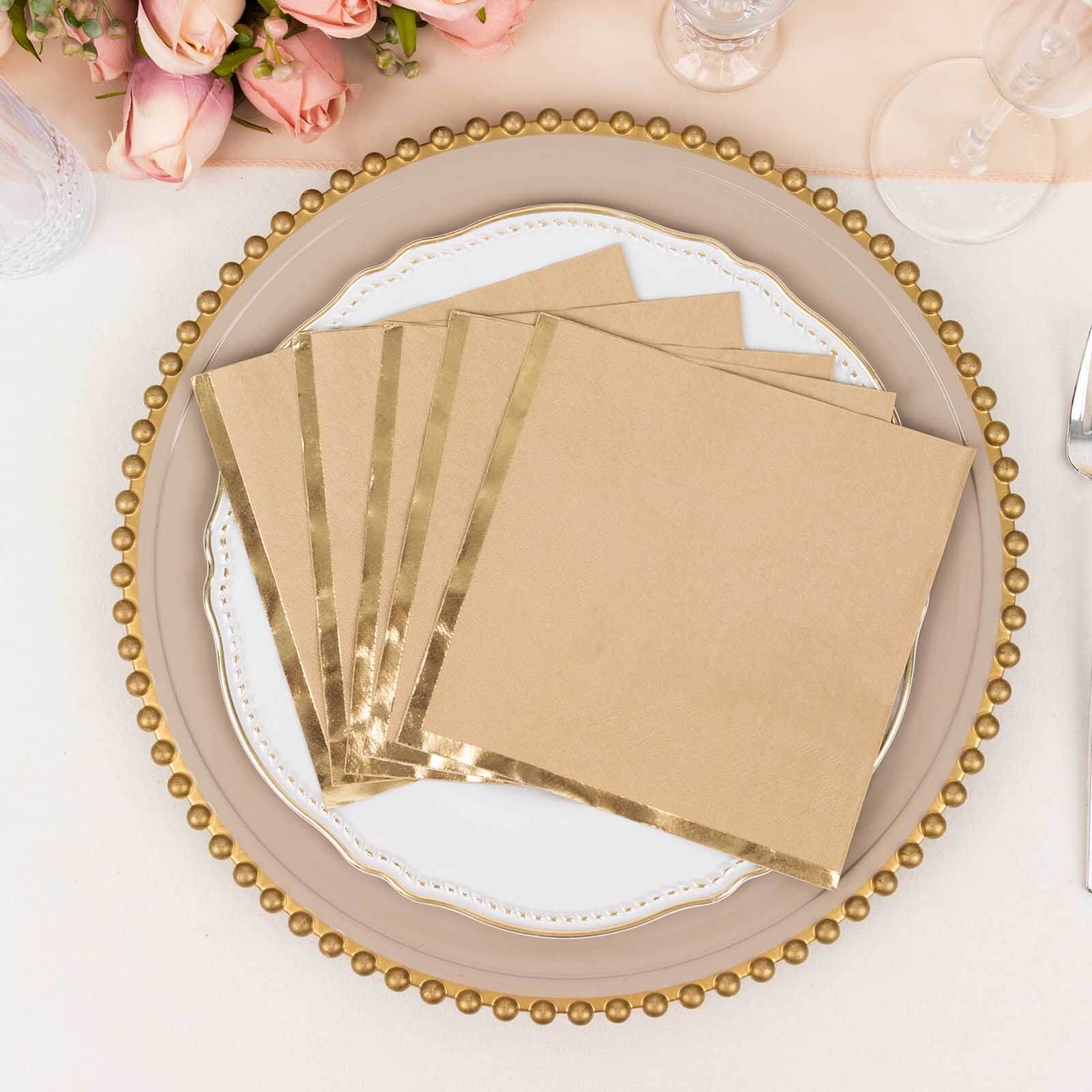 50-Pack Paper Beverage Napkins with Gold Foil Edge Natural - Disposable 2 Ply Cocktail Napkins for Events 6.5"x6.5"