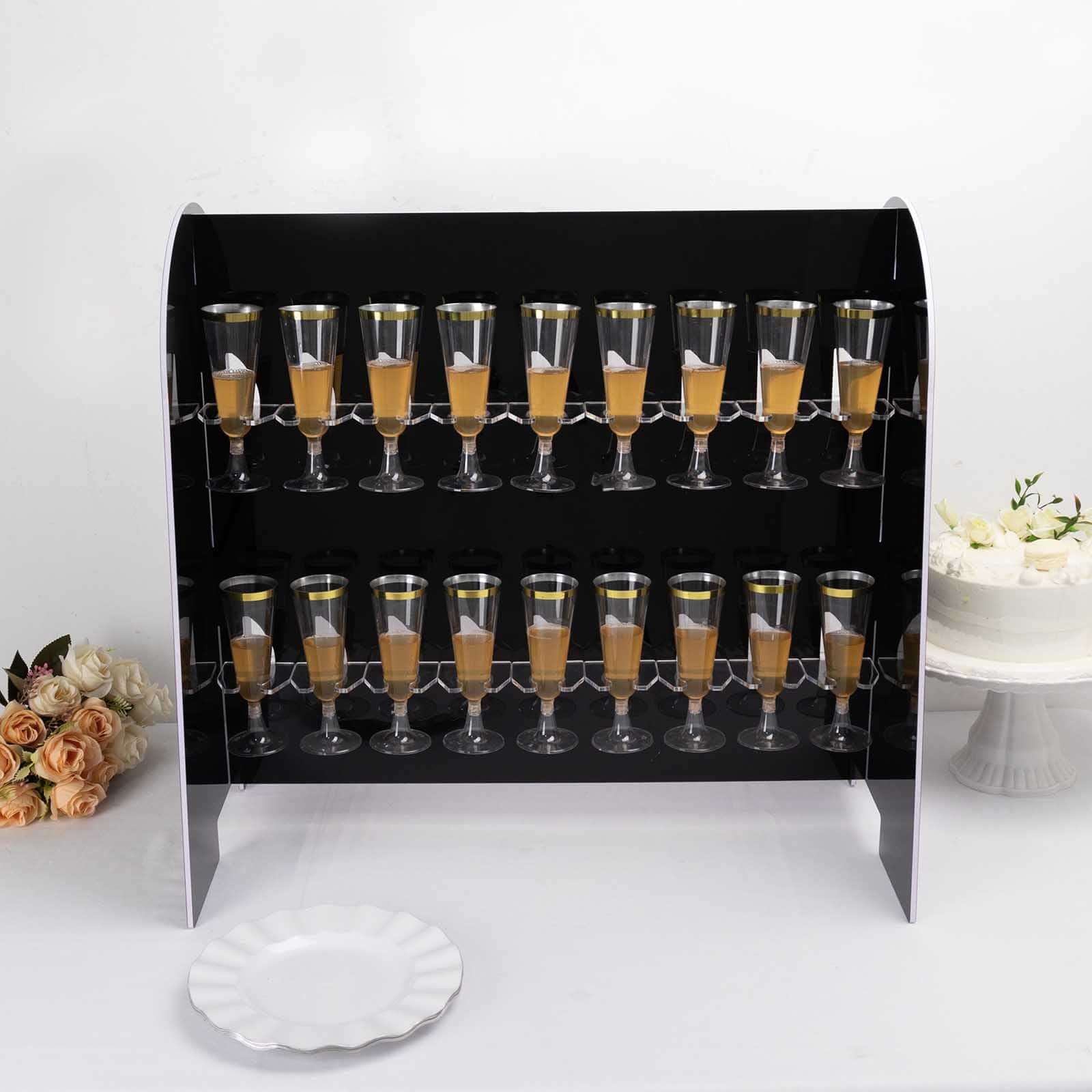 2-Tier Champagne Glass Holder Display Stand Table Top in Glossy Black - Modern Stemware Rack Cocktail Drink Holder with 18 Hooks for Events & DIY Bars 25"