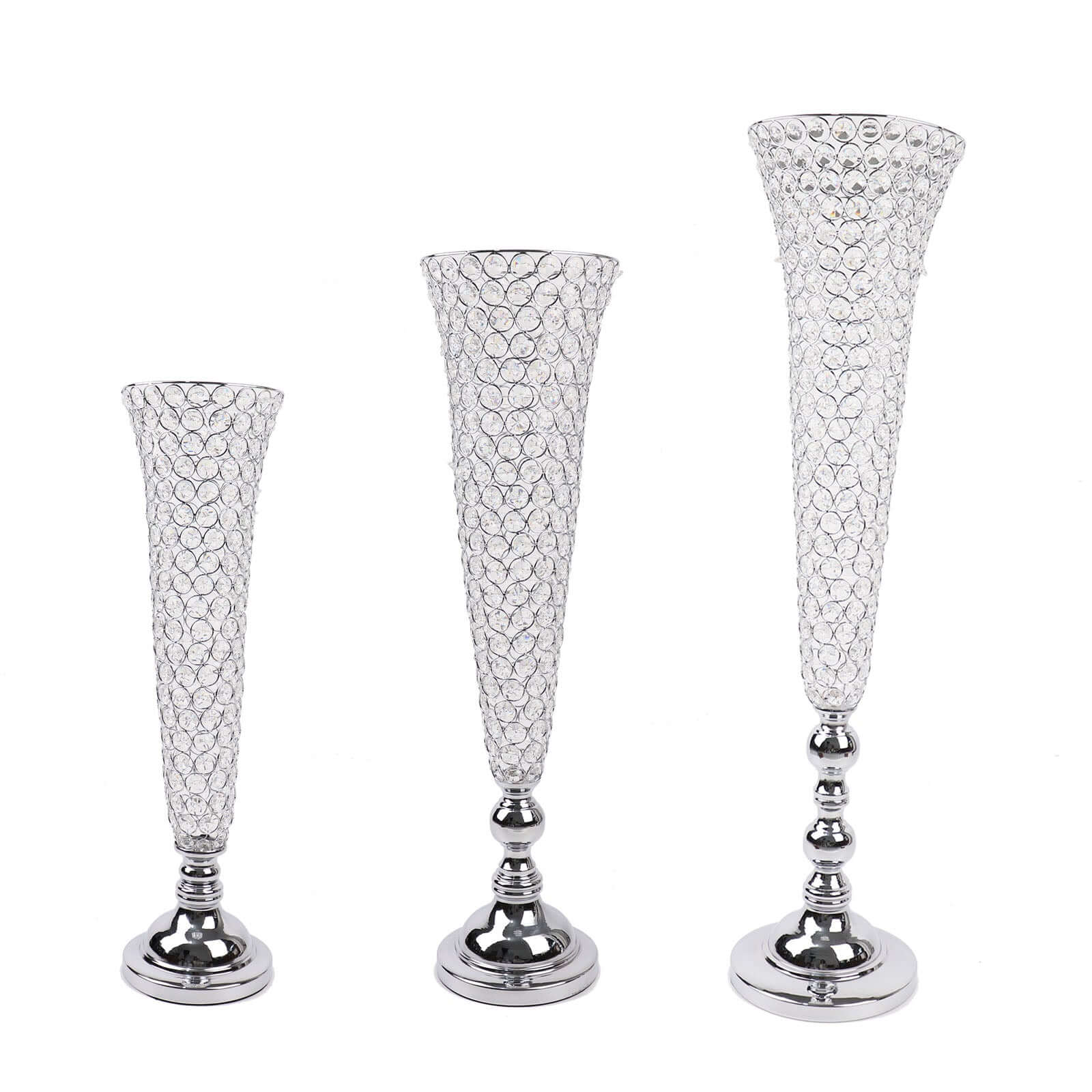 2-Pack Crystal Beaded Trumpet Vase Set Silver - Table Centerpiece for Grand Occasions 40"