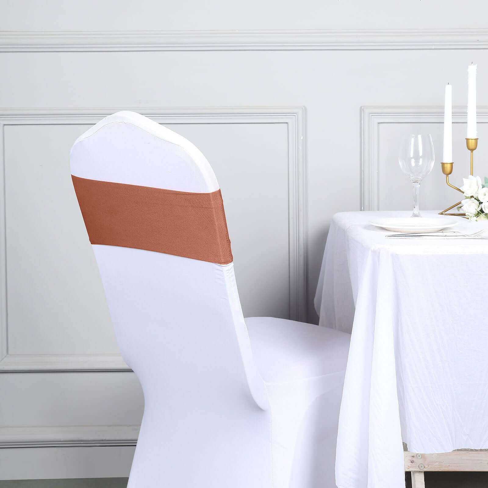 5 Pack Stretch Spandex Chair Sashes Terracotta (Rust) - Fitted Finish Two Ply Heavy Duty Chair Bands 5"x12"
