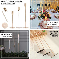 Set of 3 Taper Candle Stands Gold Metal Decorative Round Base Design - Wedding Table Accents 9", 10", 13"