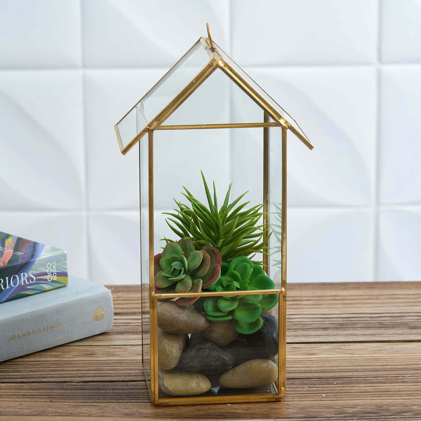 Glass Terrarium Hanging House Lantern Design Metal Gold - Versatile Holder for Air Plants & Displays 11"