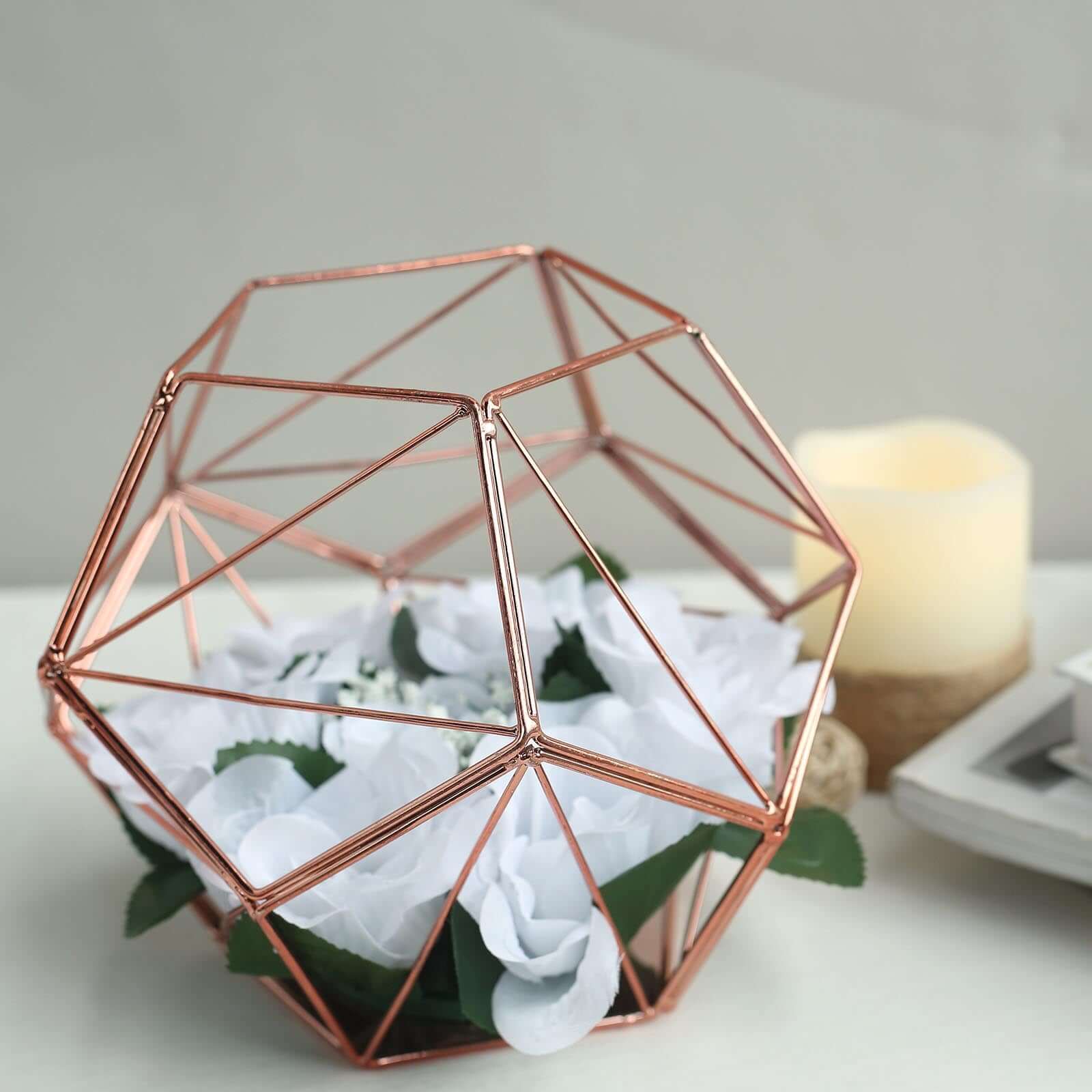 Tealight Candle Holder Rose Gold Metal Pentagon Prism Geometric Open Frame - Flower Stand 7"