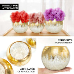 Glass Bud Vase Gold Foiled Crackle Bubble Bowl - Classy Floral Centerpiece for Weddings 4"