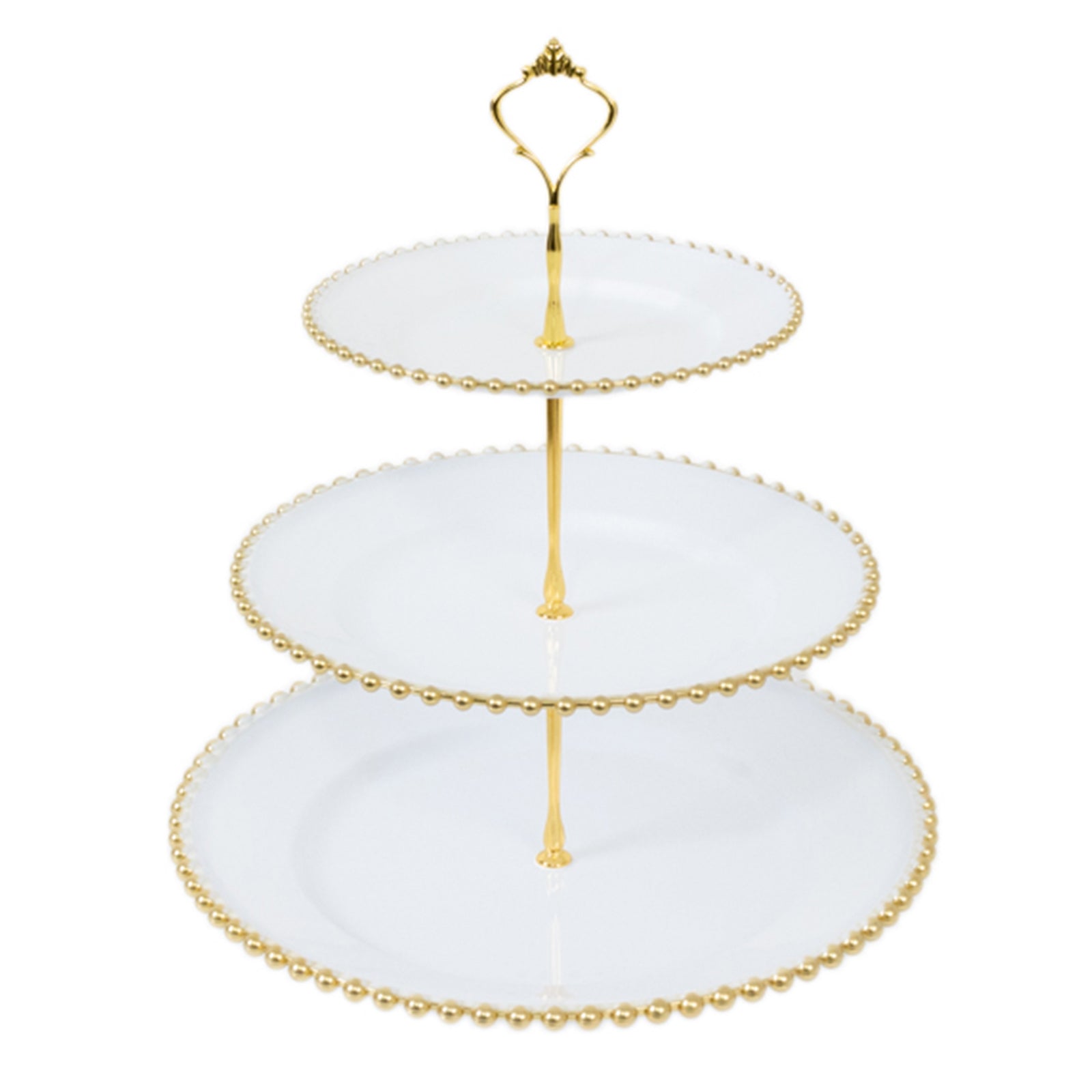 14" White 3-Tier Plastic Dessert Display Stand With Gold Beaded Rim, Round Cupcake Tower Tea Party Serving Platter With Top Handle