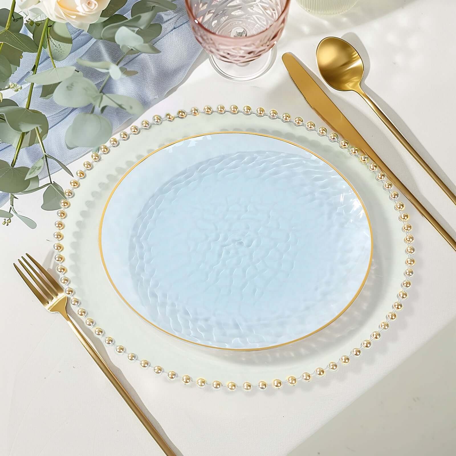 10-Pack Plastic 9" Round Dinner Plates in Transparent Dusty Blue Hammered Design with Gold Rim - Modern Disposable Party Plates