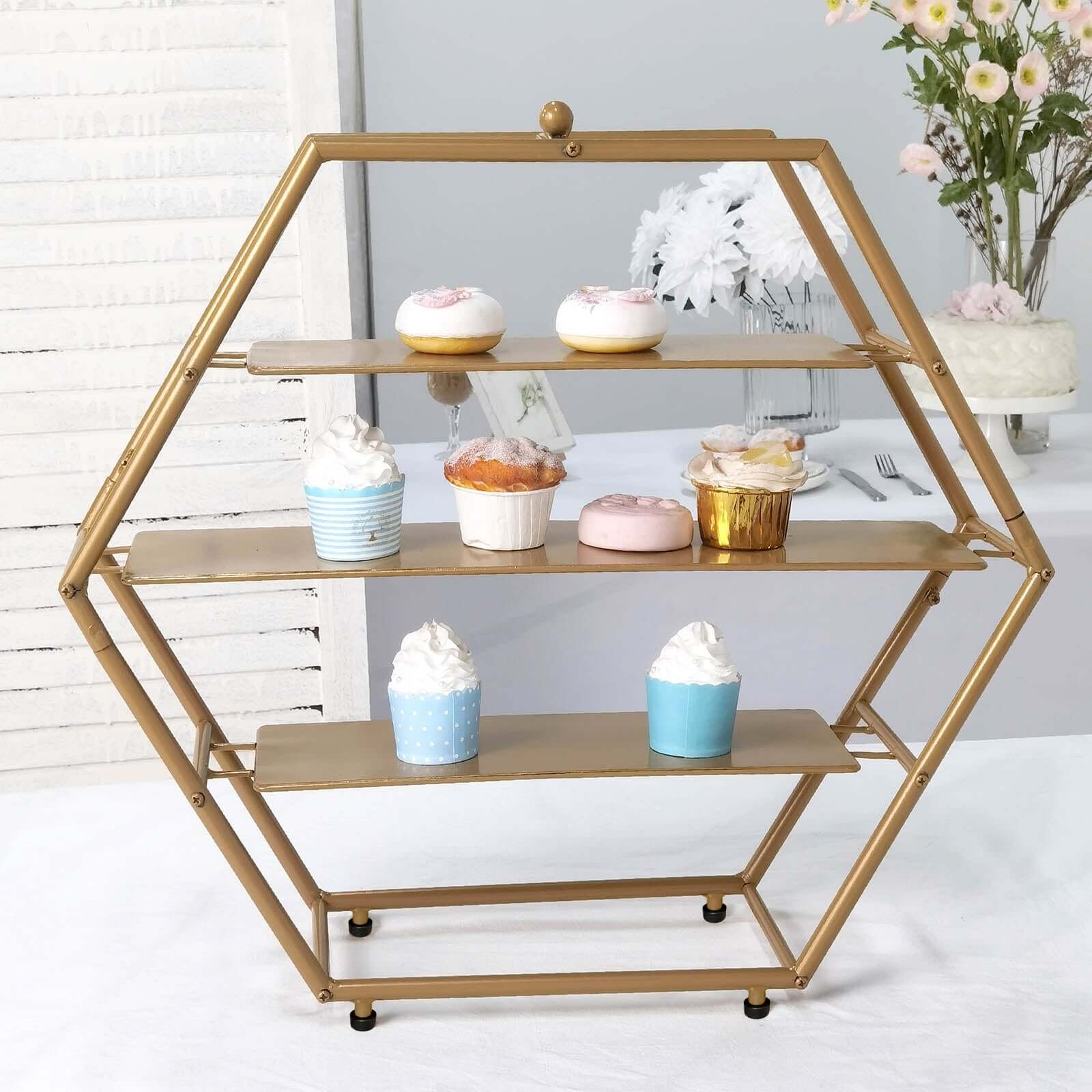 3-Tier Metal Hexagon Cupcake Stand Matte Gold - Stylish Geometric Dessert Holder Appetizer Display for Modern Weddings Dessert Buffets & Celebrations 21"
