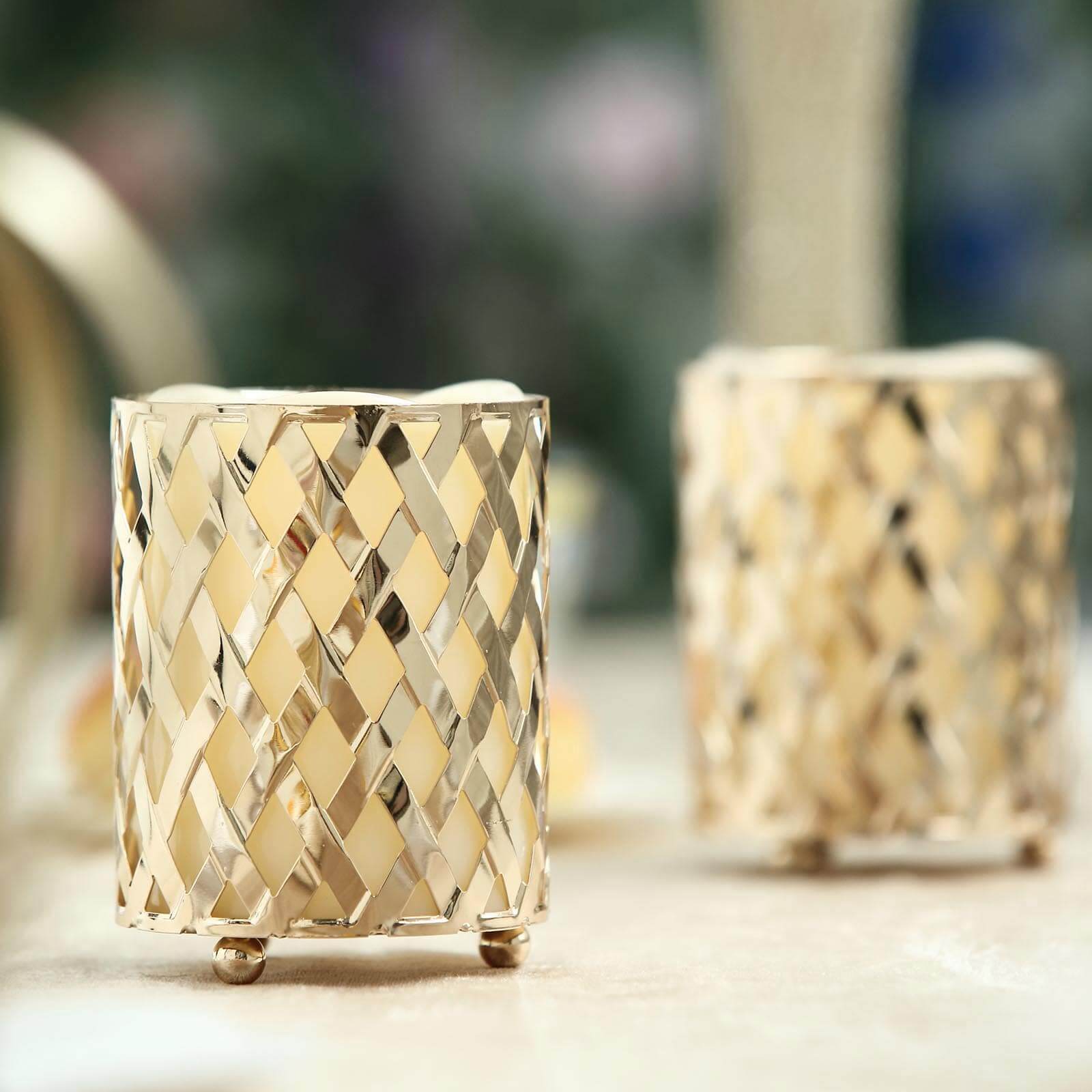 2-Pack Votive Candle Holders Gold Metal Diamond Cut Geometric Design - Perfect for Home Décor and Events 4"