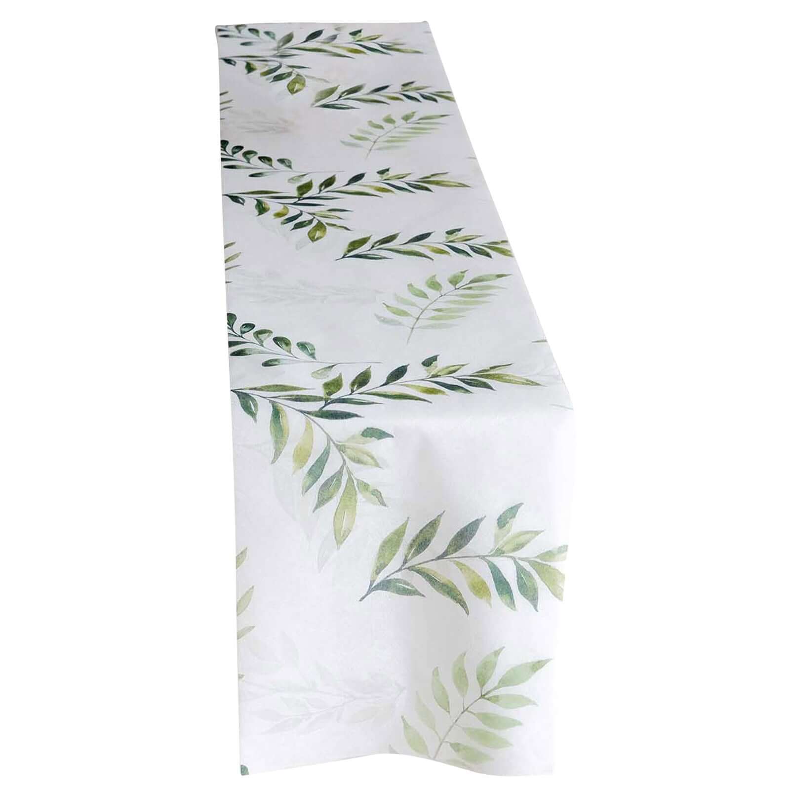 Disposable Table Runner 11"x108" White with Green Olive Leaves Print - Non-woven Stylish Spring Summer Dining Decor