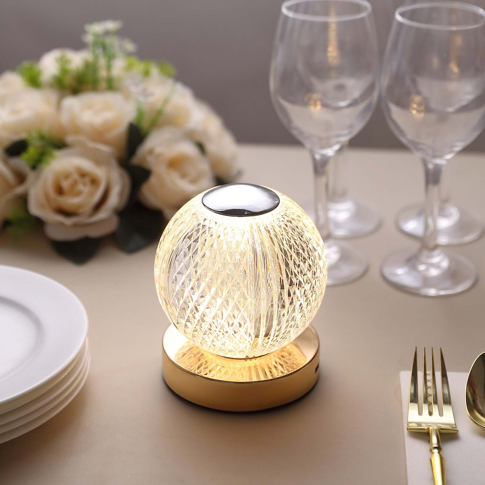 Acrylic LED Table Lamp Diamond Cut Ball Design Rechargeable - Dimmable Touch Control Decorative Night Light 5"