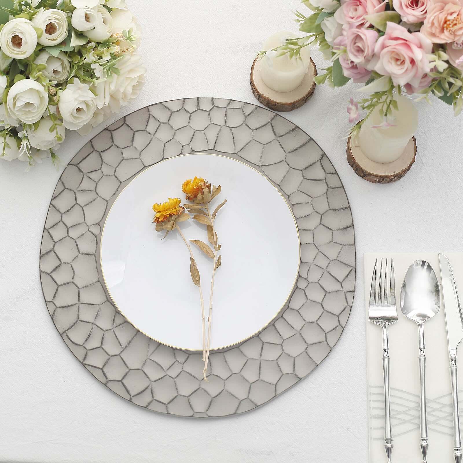 6-Pack Round Charger Plates 13" in Gray with Hammered Rim, Matte Finish Modern Dinner Charger Tableware