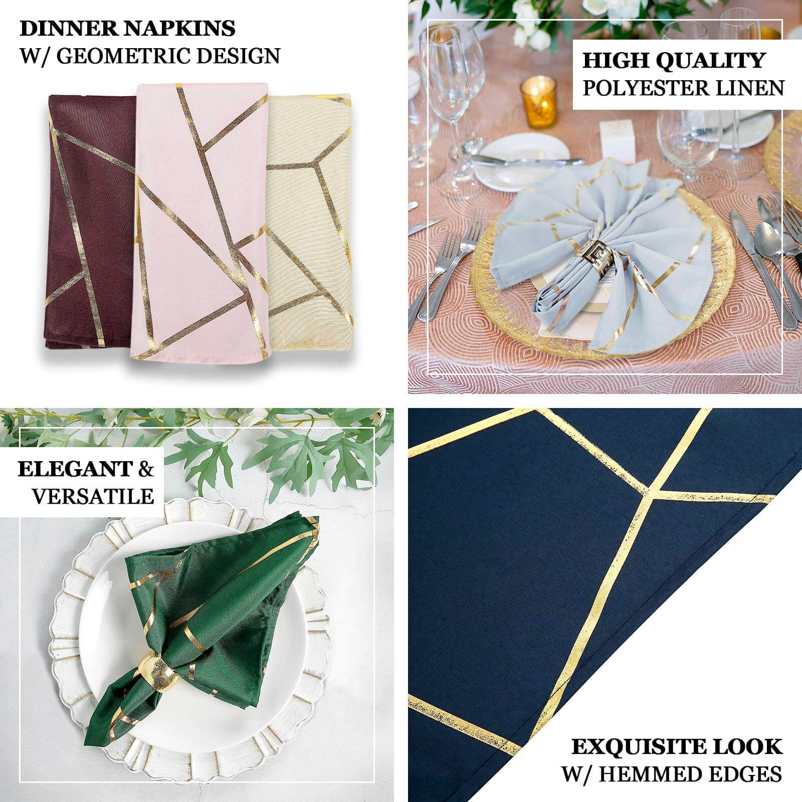 5 Pack Polyester 20"x20" Napkins Dusty Blue with Gold Geometric Foil Pattern - Modern Reusable Dinner Napkins