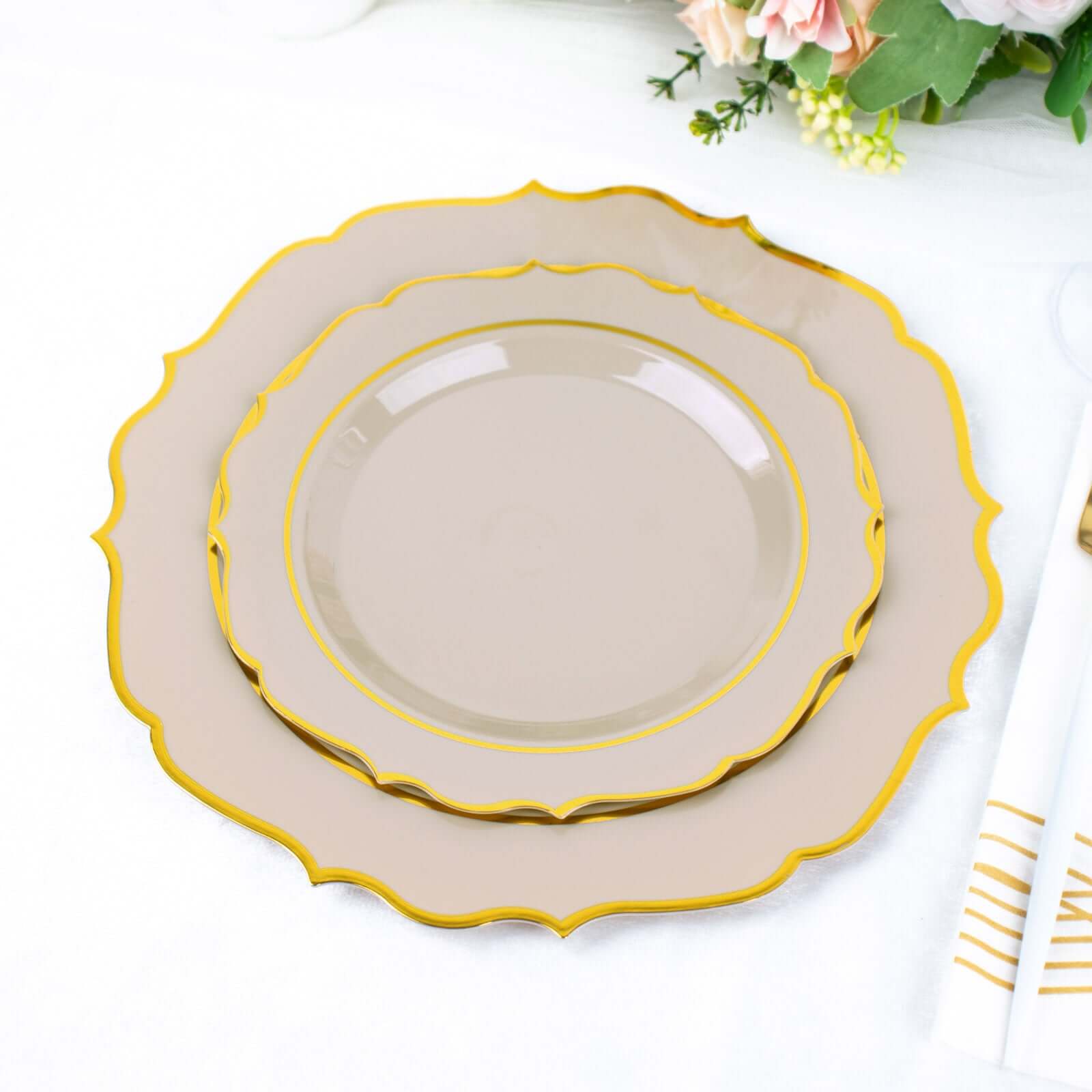 10-Pack Plastic 8" Round Dessert Plates in Taupe with Gold Scalloped Rim - Disposable Appetizer/Salad Plates