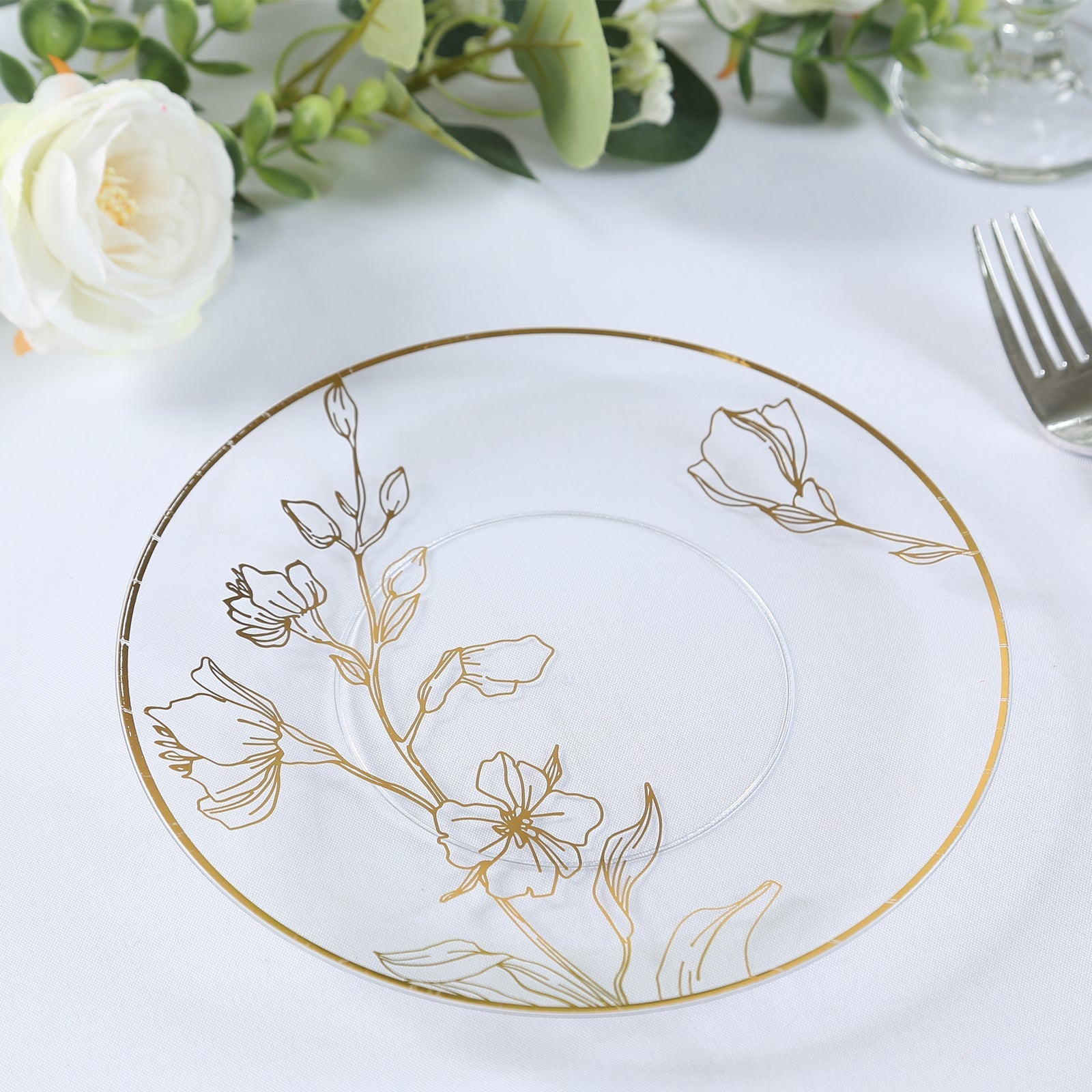 Set of 20 Plastic Round Dinner and Dessert Plates in Clear with Metallic Gold Floral Design - Stylish Disposable Dinnerware 8", 10"