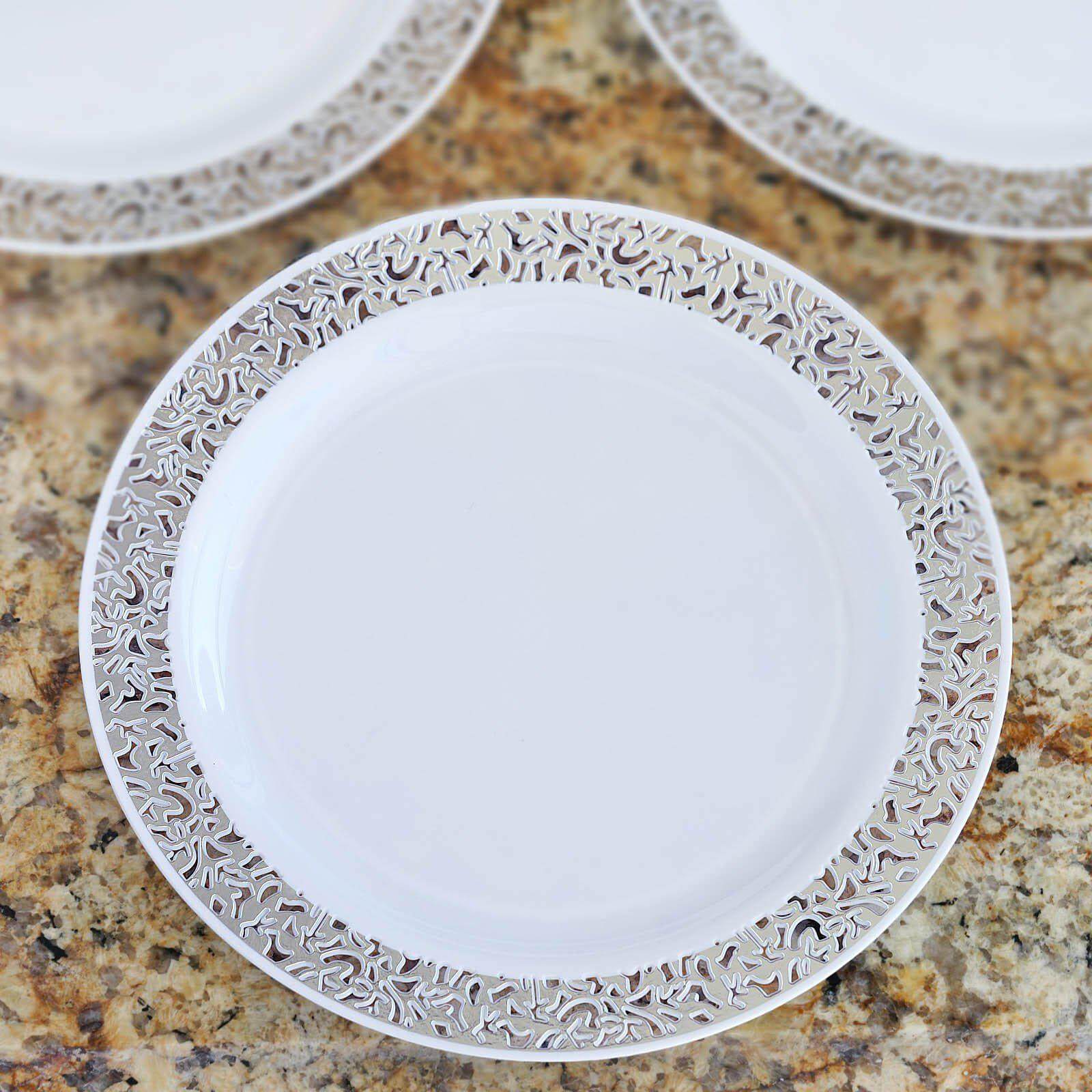 10-Pack Plastic Dinner Plates White with Fancy Silver Lace Rim - Stylish Disposable Plates for Events 10"