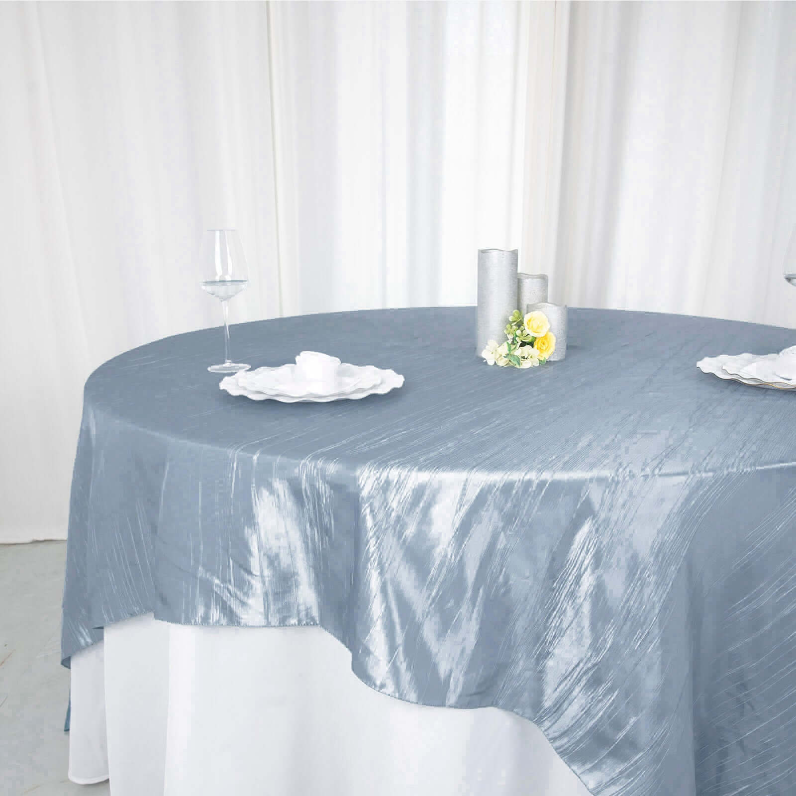 Taffeta 90"x90" Table Overlay Square Tablecloth Dusty Blue - Accordion Crinkle Table Cover