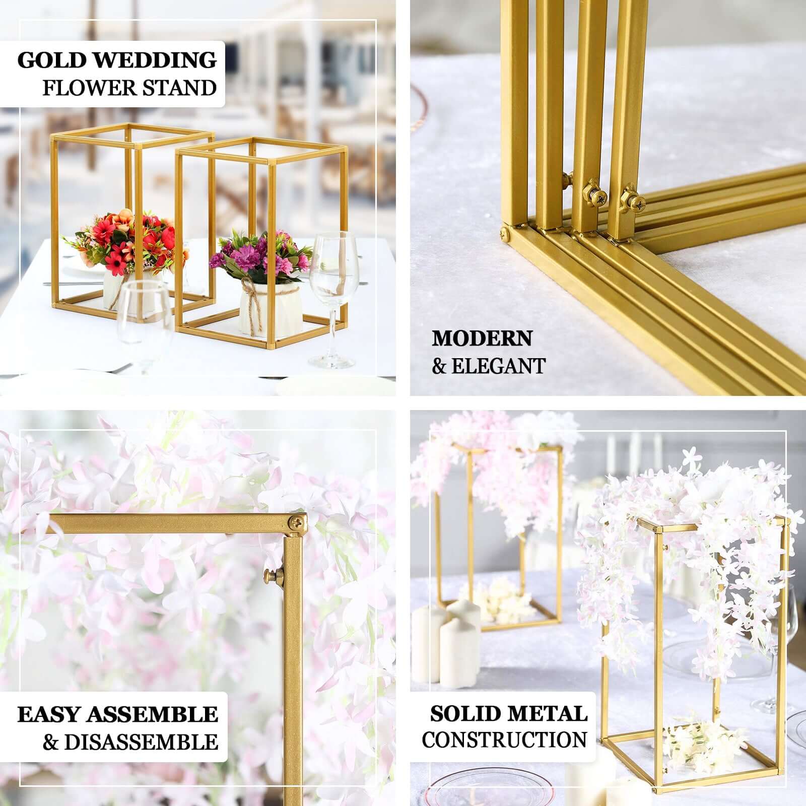 2-Pack Wedding Flower Stand Gold Metal Geometric Column Frame Rectangular - Versatile Floral Pedestal for Sophisticated Arrangements 32"