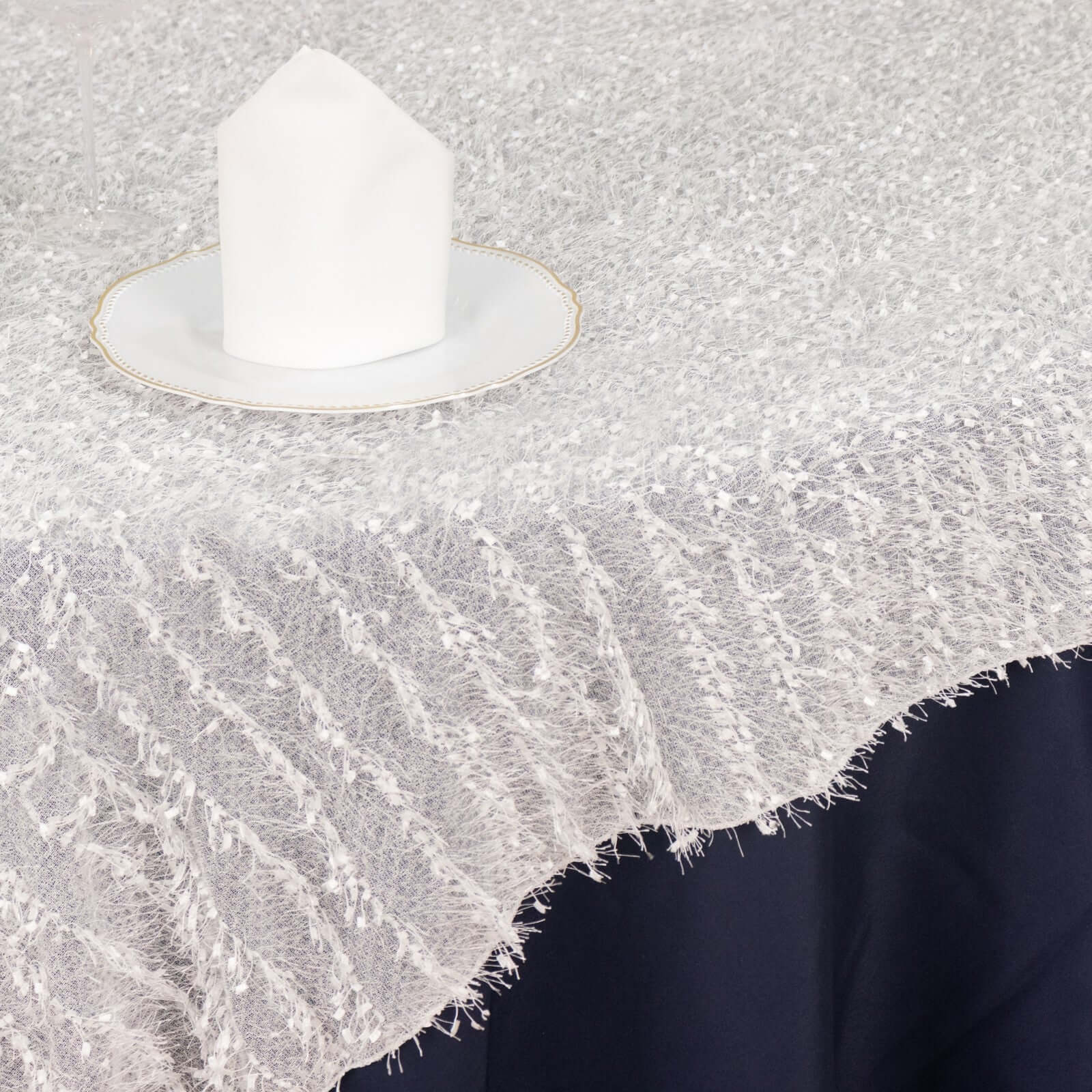 Polyester 72"x72" Table Overlay Square Tablecloth White Fringe Shag Design for Stylish Celebrations
