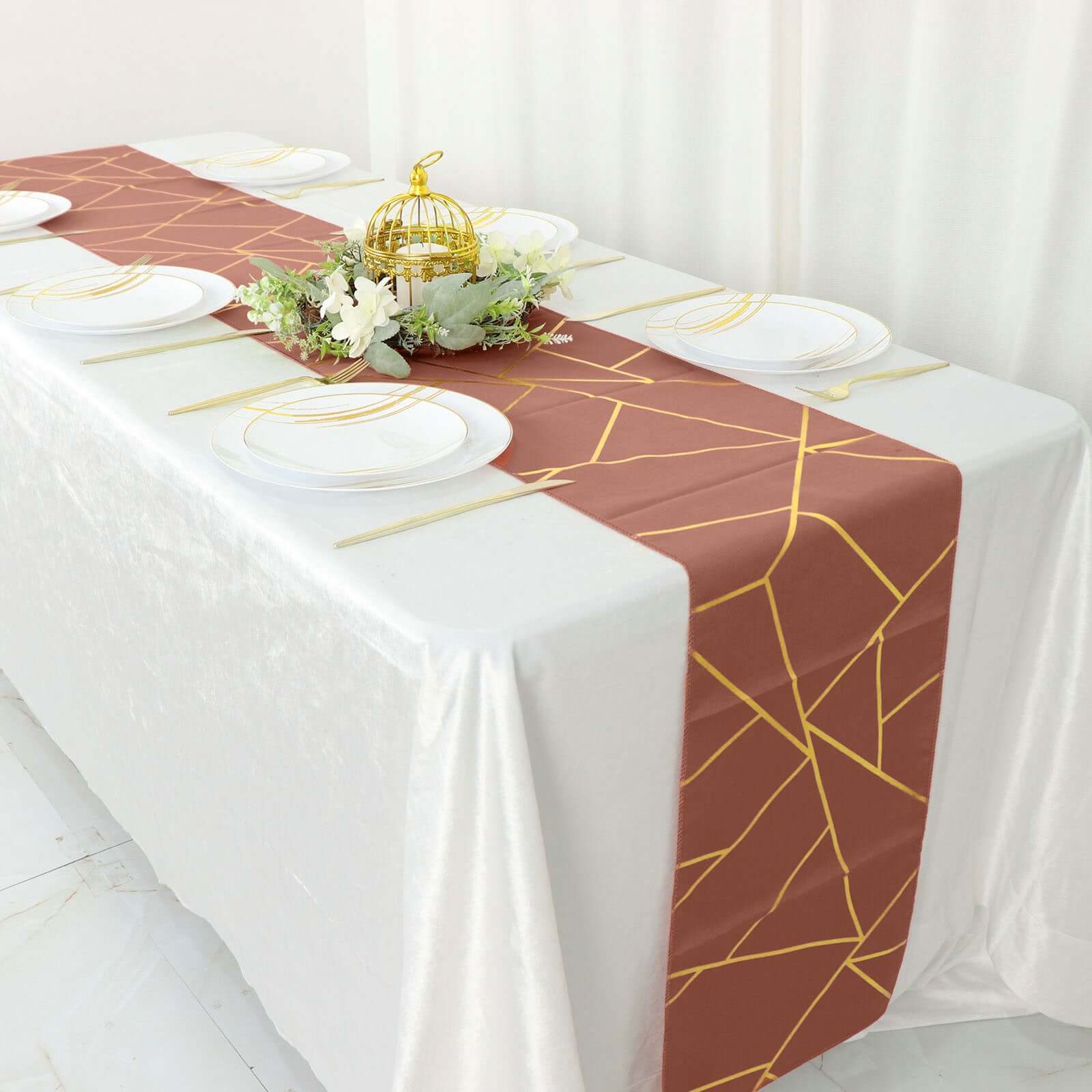Polyester 9ft Table Runner Terracotta (Rust) with Gold Foil Modern Geometric Accent