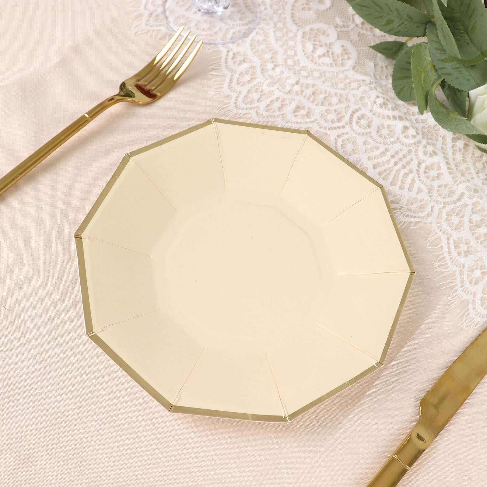 25-Pack Paper 7" Decagon Appetizer Plates in Beige with Gold Foil Rim