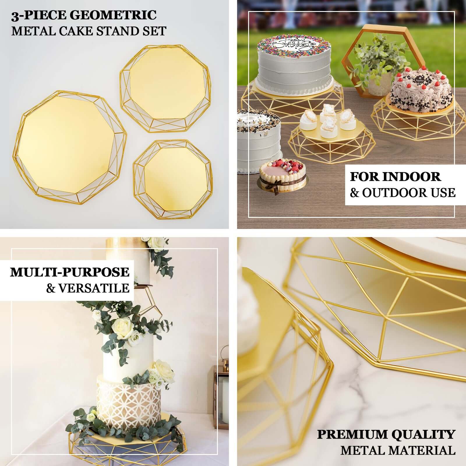 Set of 3 Metal Cake Stands Geometric Reversible Octagon Design Gold - Dessert Display Baskets 7", 9", 11"