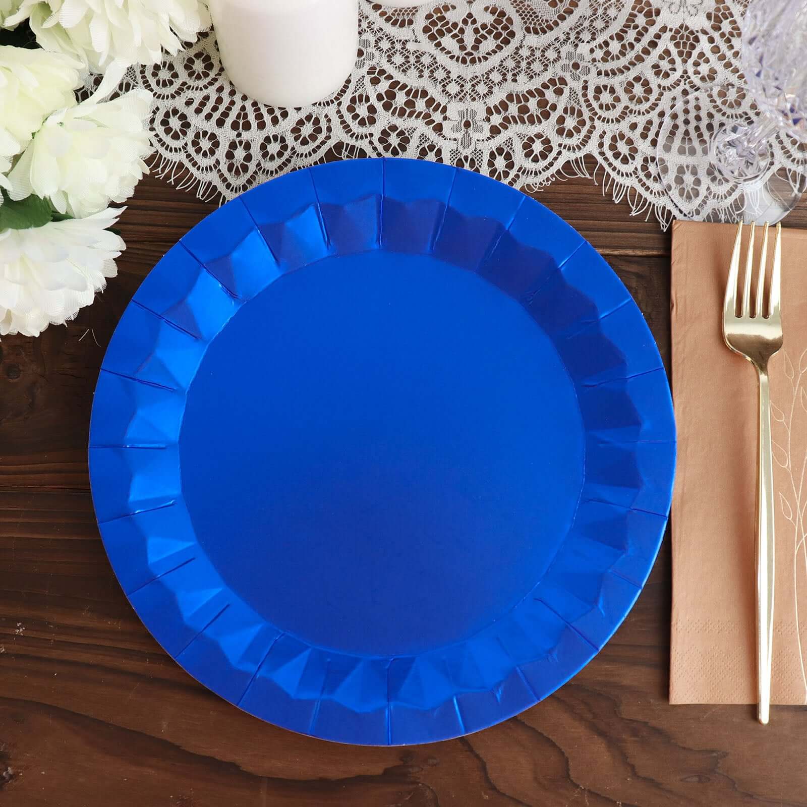 25-Pack Paper 9" Round Dinner Plates in Royal Blue with Geometric Prism Rim - Disposable 400GSM Party Plates