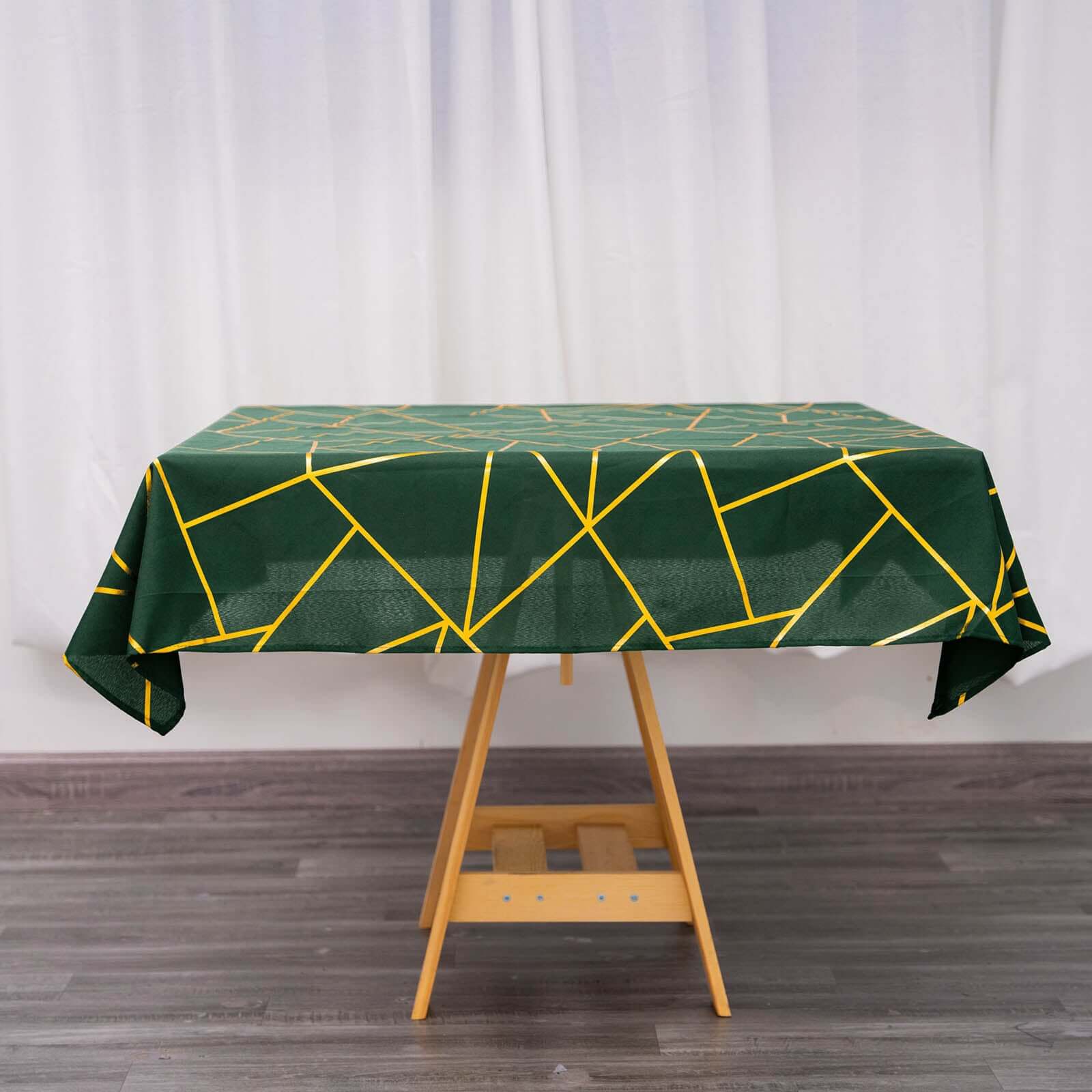 Polyester 54"x54" Table Overlay Square Tablecloth Hunter Emerald Green with Gold Foil Geometric Pattern - Wrinkle-Resistant & Durable Table Topper