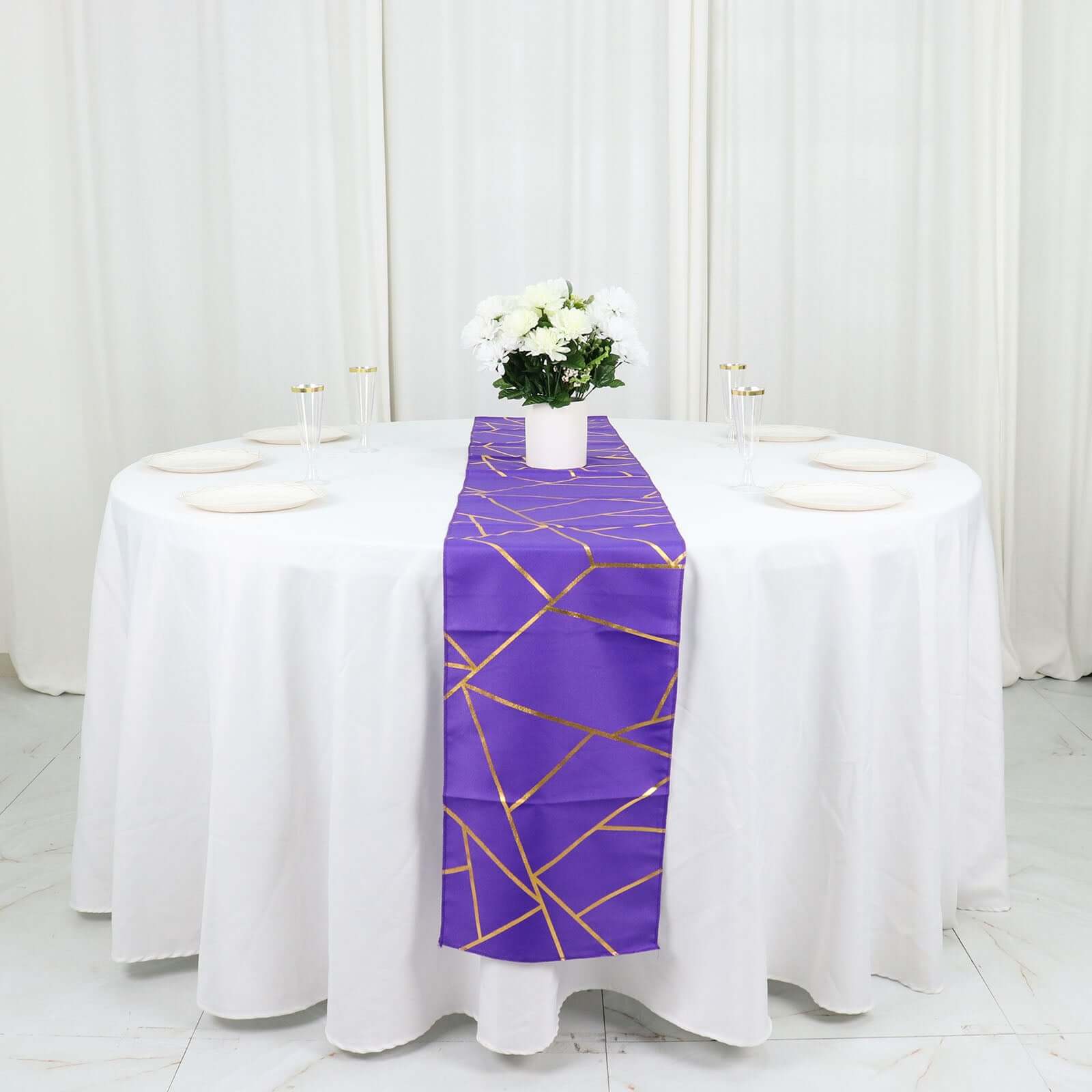 Polyester 9ft Table Runner Purple with Gold Foil Modern Geometric Accent