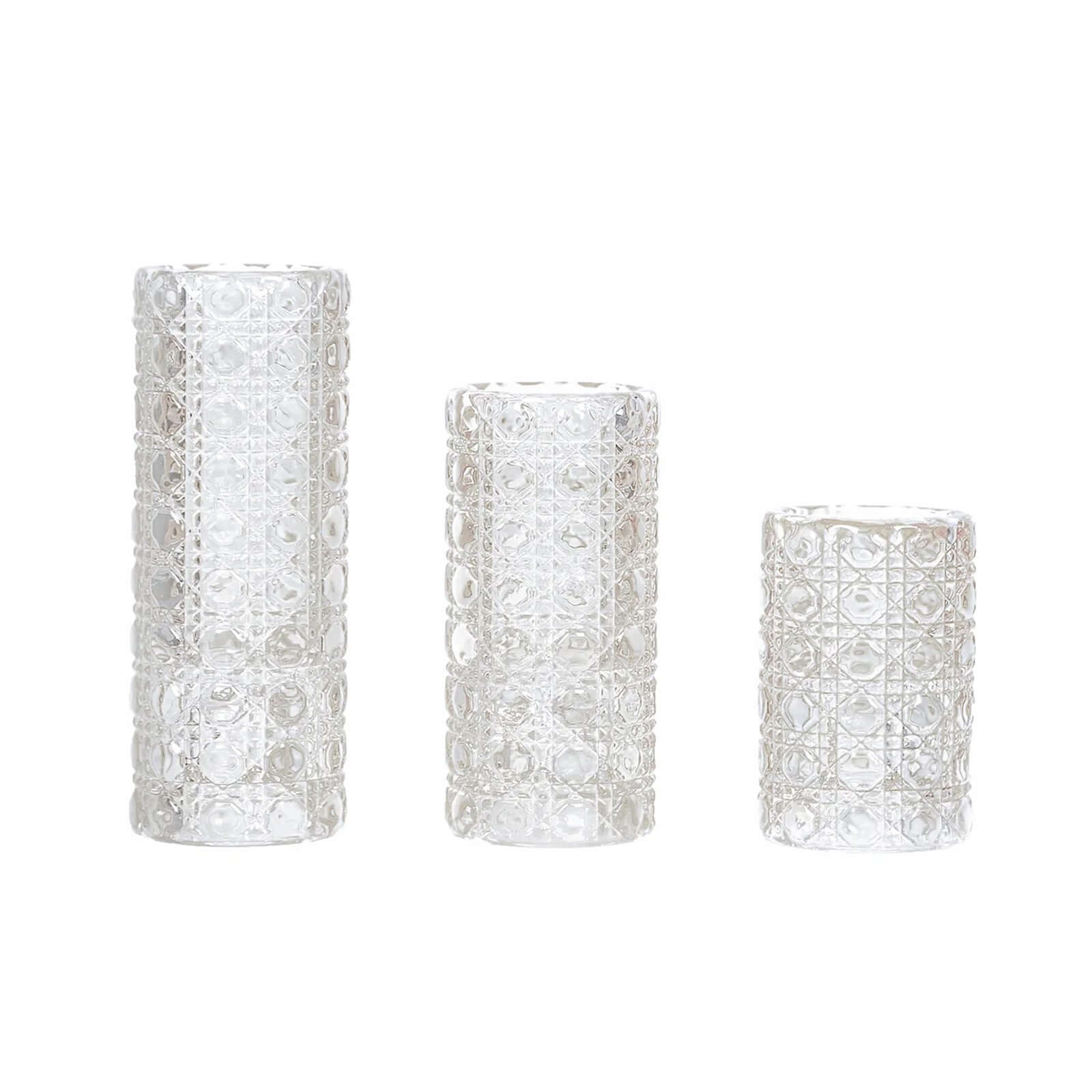 Set of 3 Glass Taper Candle Holders Clear with Gemstone Pattern - Dual Sided Crystal Cylinder Tealight Stands 3", 4", 5.5"